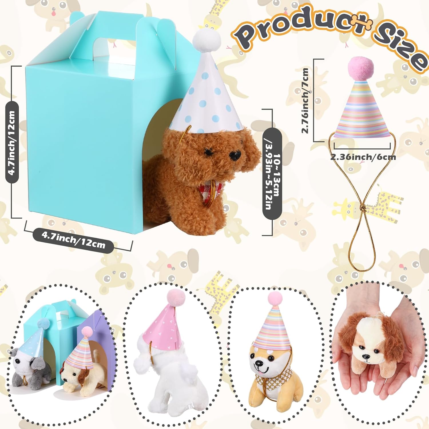 Patelai 48 Pcs Adopt a Puppy Party Favors,16 Small Stuffed Puppy Bulk 16 Cute Birthday Mini Hats 16 Colorful Kraft Paper Boxes Mini Stuffed Gift for Adoption a Pet Birthday Party Favor Supplies