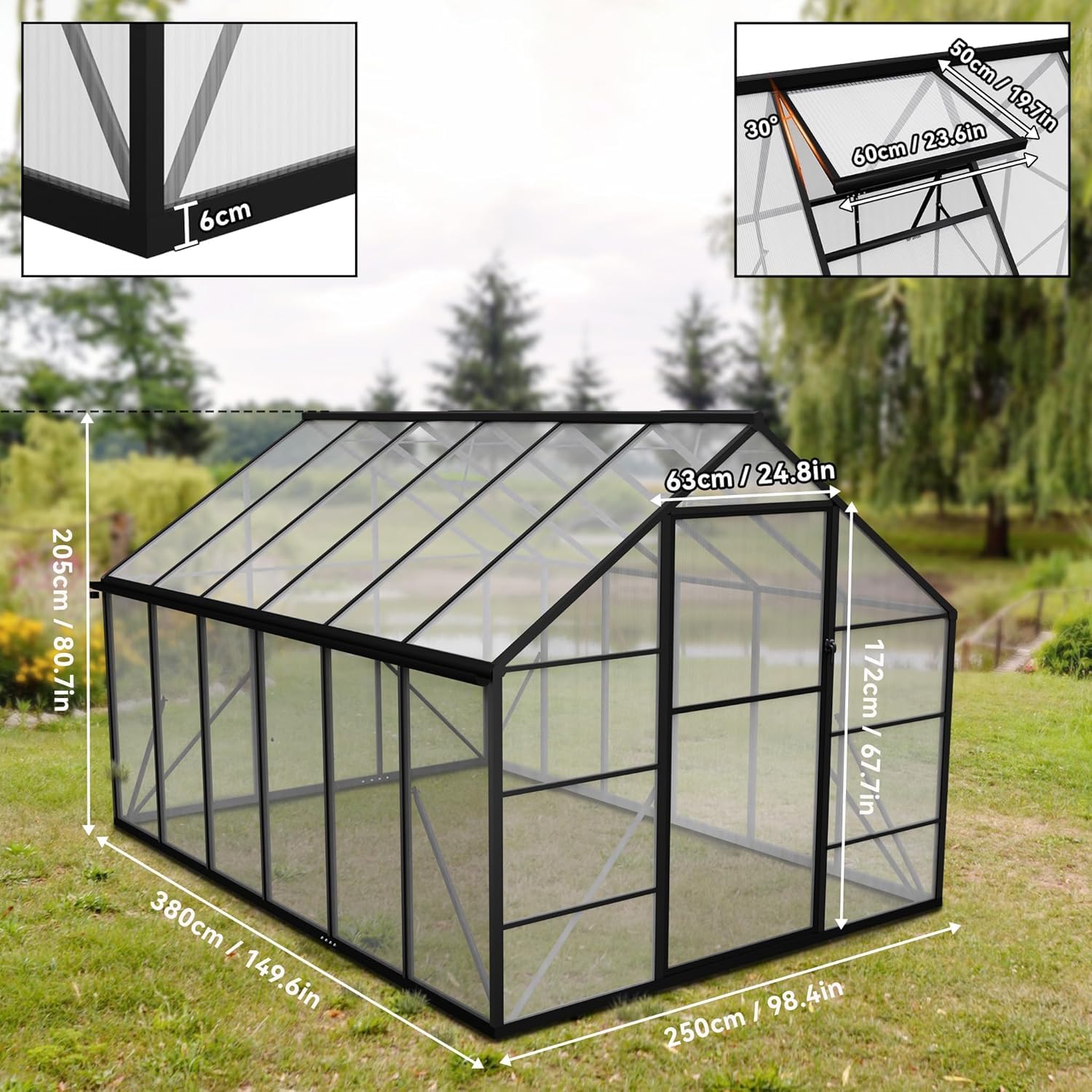 LZQ Aluminiowa szklarnia ogrodowa z fundamentem 380 x 250 x 205 cm, szklarnia, szklarnia z drzwiami przesuwnymi i świetlikami, szklarnia, szopa ogrodowa, odporna na zimę, szklarnia pomidorów (12 x 8
