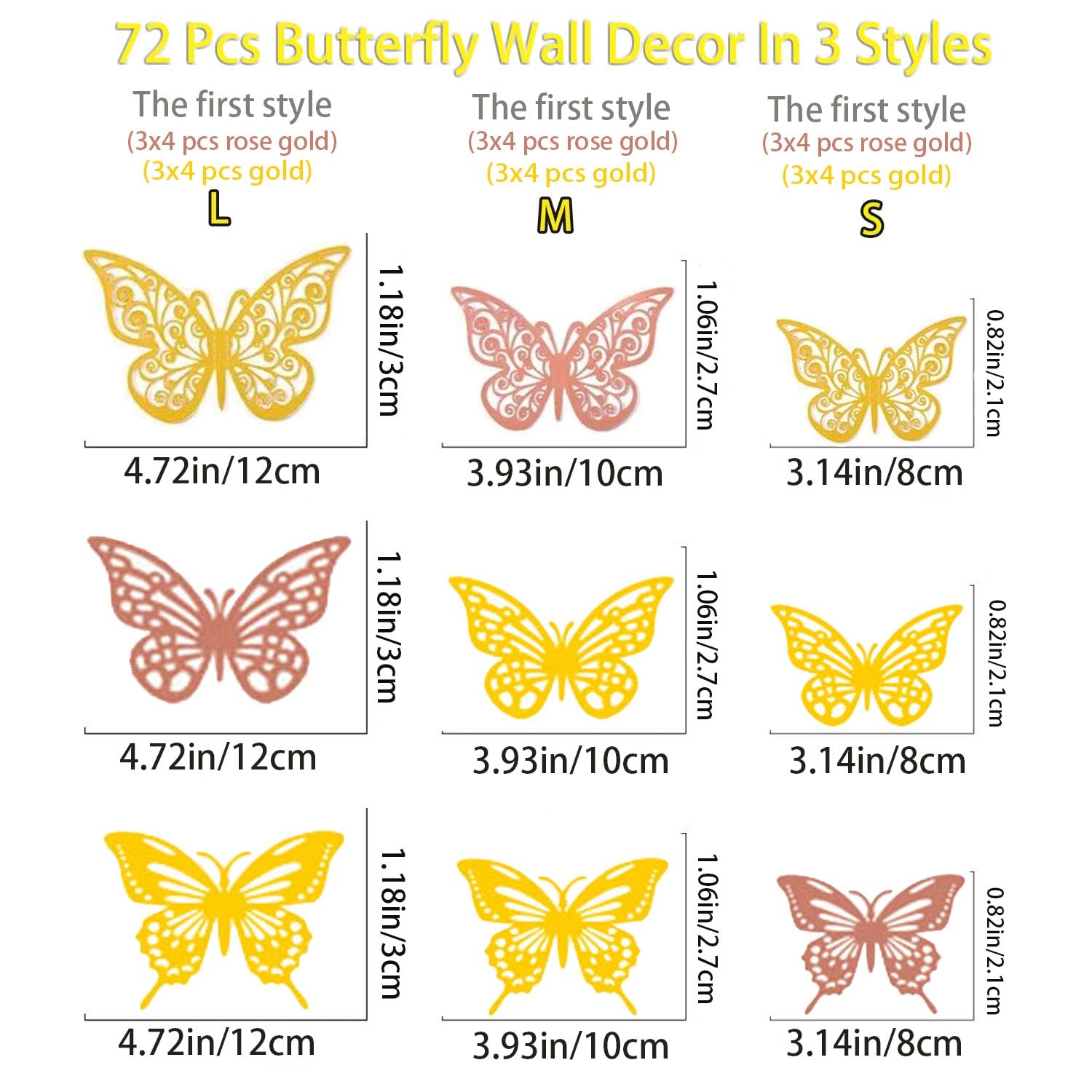 YUBBYSTU 72Pcs 3D Butterfly Wall Sticker 3 Sizes,Butterfly Wall Decals Butterflies Stickers for Walls Bedroom Party Wedding Decors for Crafts Home Room Bedroom DIY Decor Wallpaper(Gold & Rose Gold) - Image 2