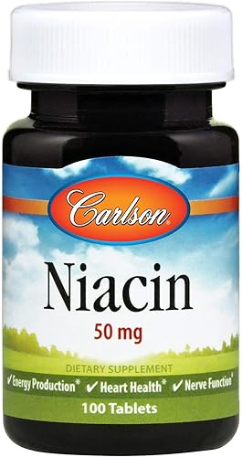 Carlson - Niacina, 50 mg, apoya el metabolismo del colesterol, la producción de energía, la salud del corazón, la función nerviosa, 100 tabletas