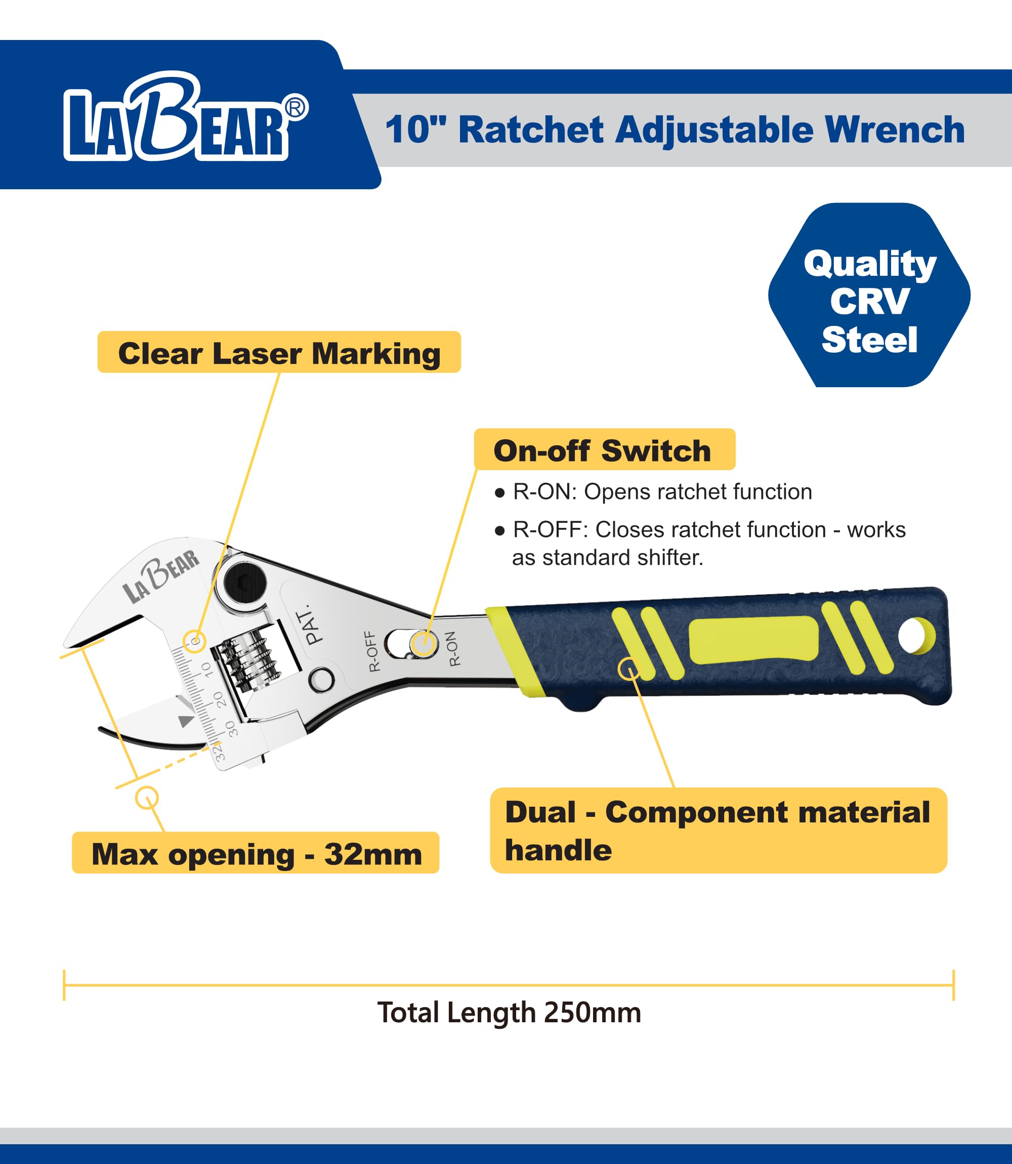 LABEAR - Llave ajustable de 10 pulgadas de largo x 1-1/4 pulgadas (32 mm) | Selector de encendido/apagado, escala láser, agarre antideslizante, amplia apertura, fontanería y reparación de automóviles