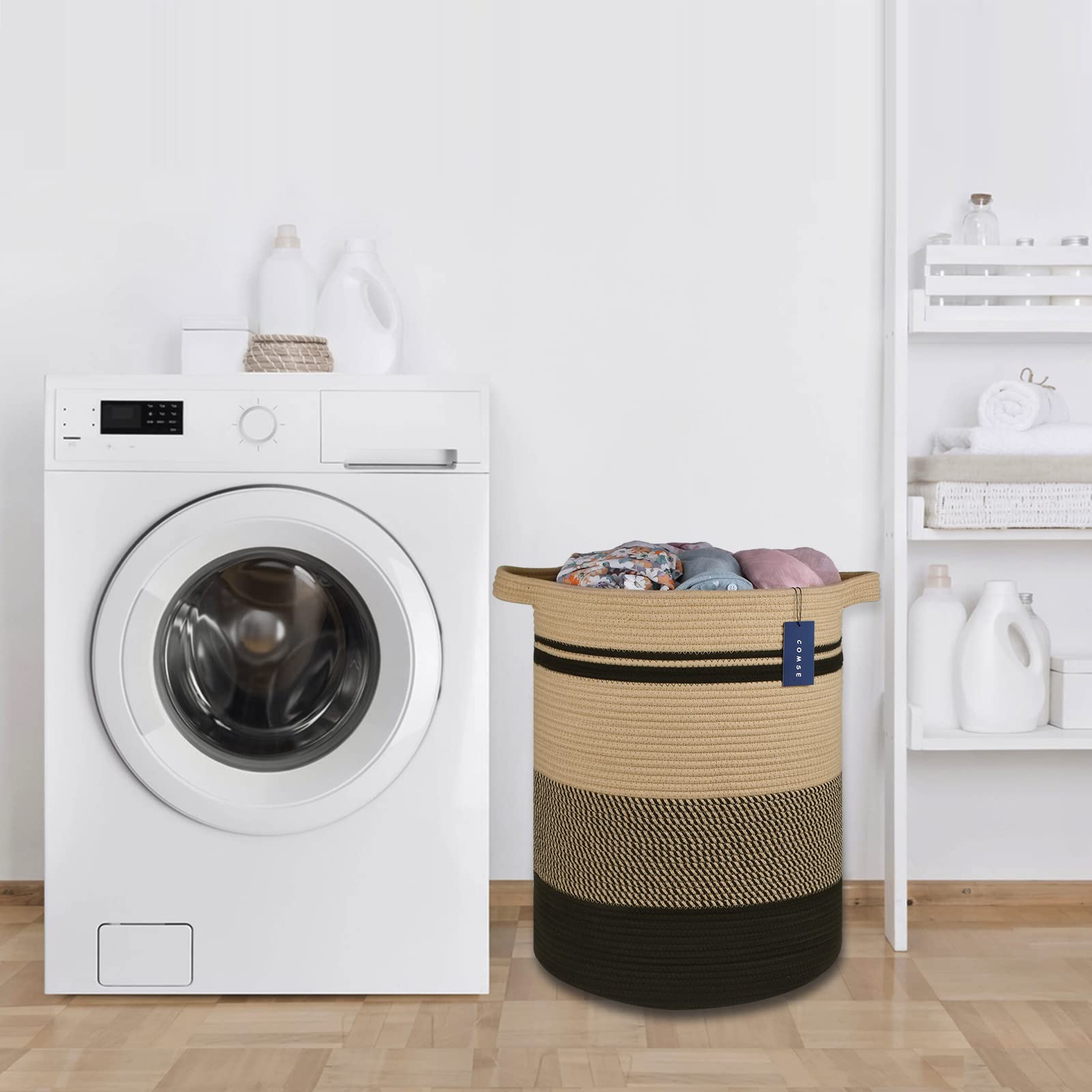 COMSE Extra Large Laundry Basket, Tall Blanket Basket, Laundry Hamper with Handles, 15.7?Ç¥x 21.7?Ç¥, Cotton Rope Basket, Woven Laundry Basket, Toy Basket, Clothes Baskets,Woven Basket, Brown/Black
