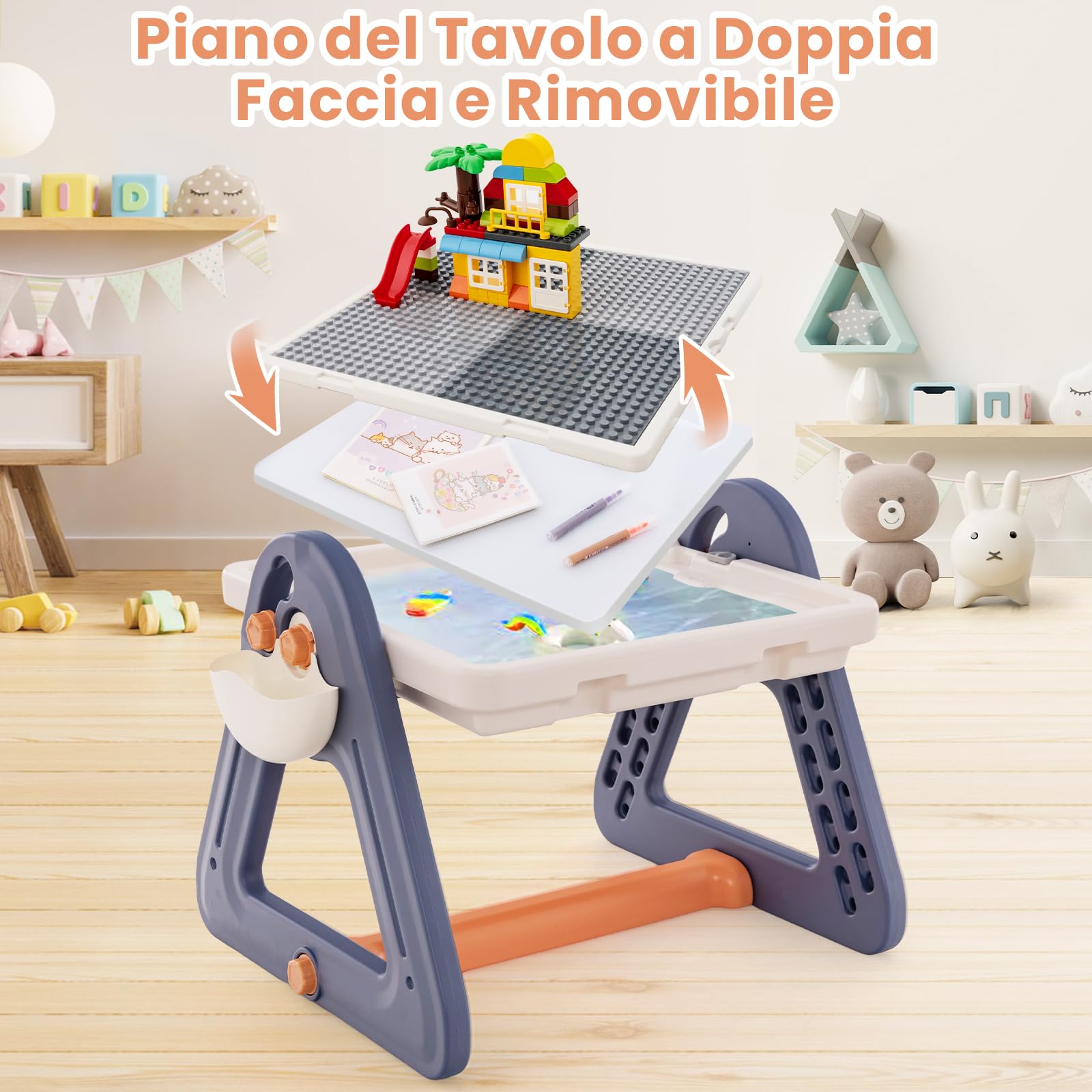 COSTWAY 2 in 1 Set Tavolo e Cavalletto per Bambini, Tavolo Multiattività con Sedia e Piano Reversibile, Set Tavolo Attività con 160 Blocchi da Costruzione 6 Pennarelli 1 Cancellino, 84x58x55 cm