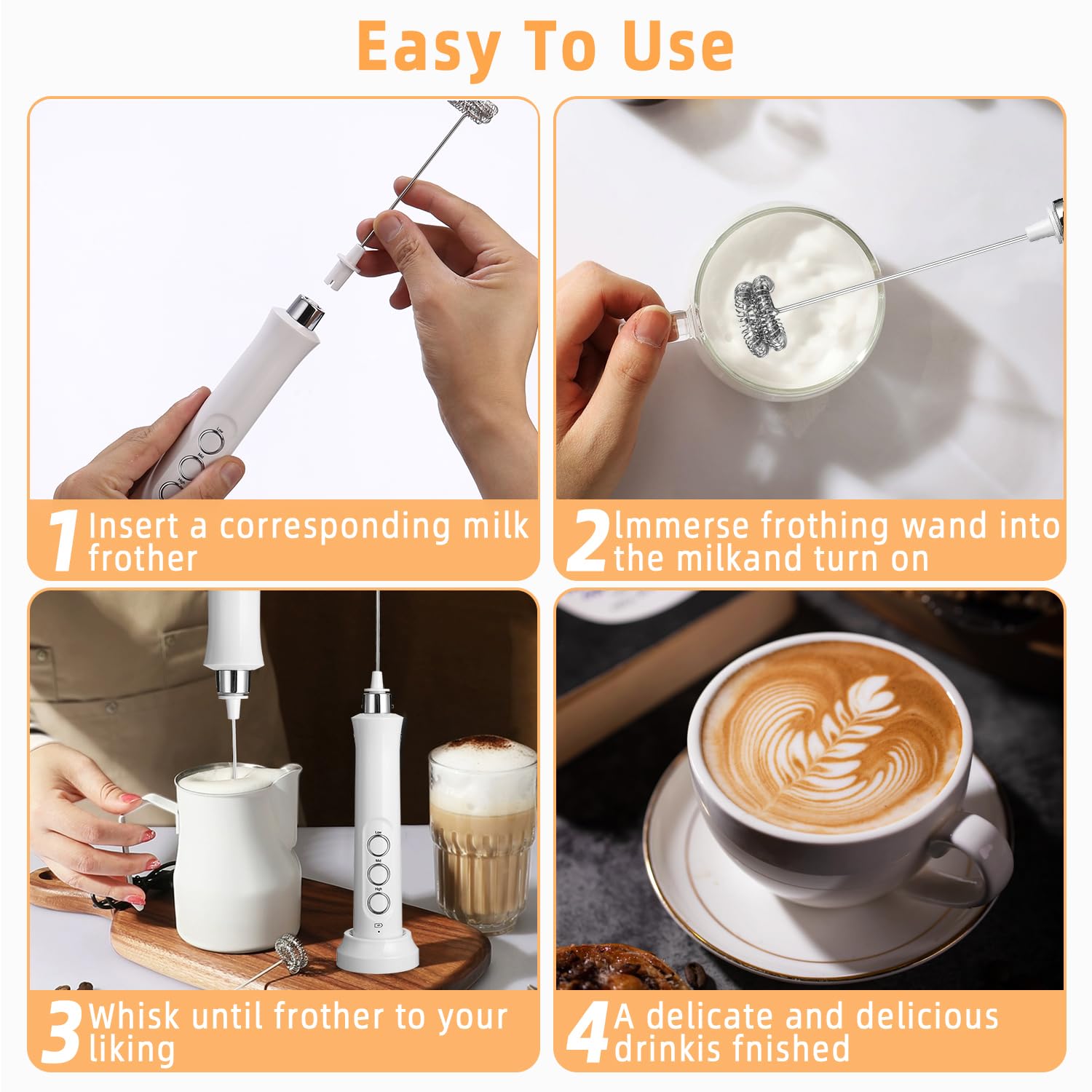 Montalatte Elettrico USB, frullino montalatte con 3 frullino in acciaio inox,3 velocità regolabili,Potente Schiumalatte Elettrico per Caffè, Latte, Cappuccino, Matcha (bianco)