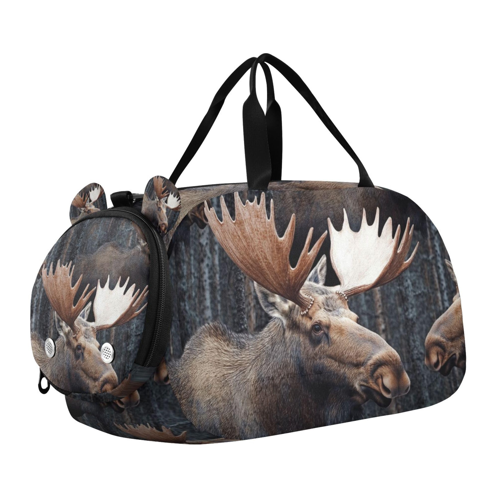 Glaphy Moose Animal Camo Trees Duffle Bag for Toddler Boys Girls, Gym Sports Bag with Shoe Compartments, Kids Travel Overnight Weekender Shoulder Bag