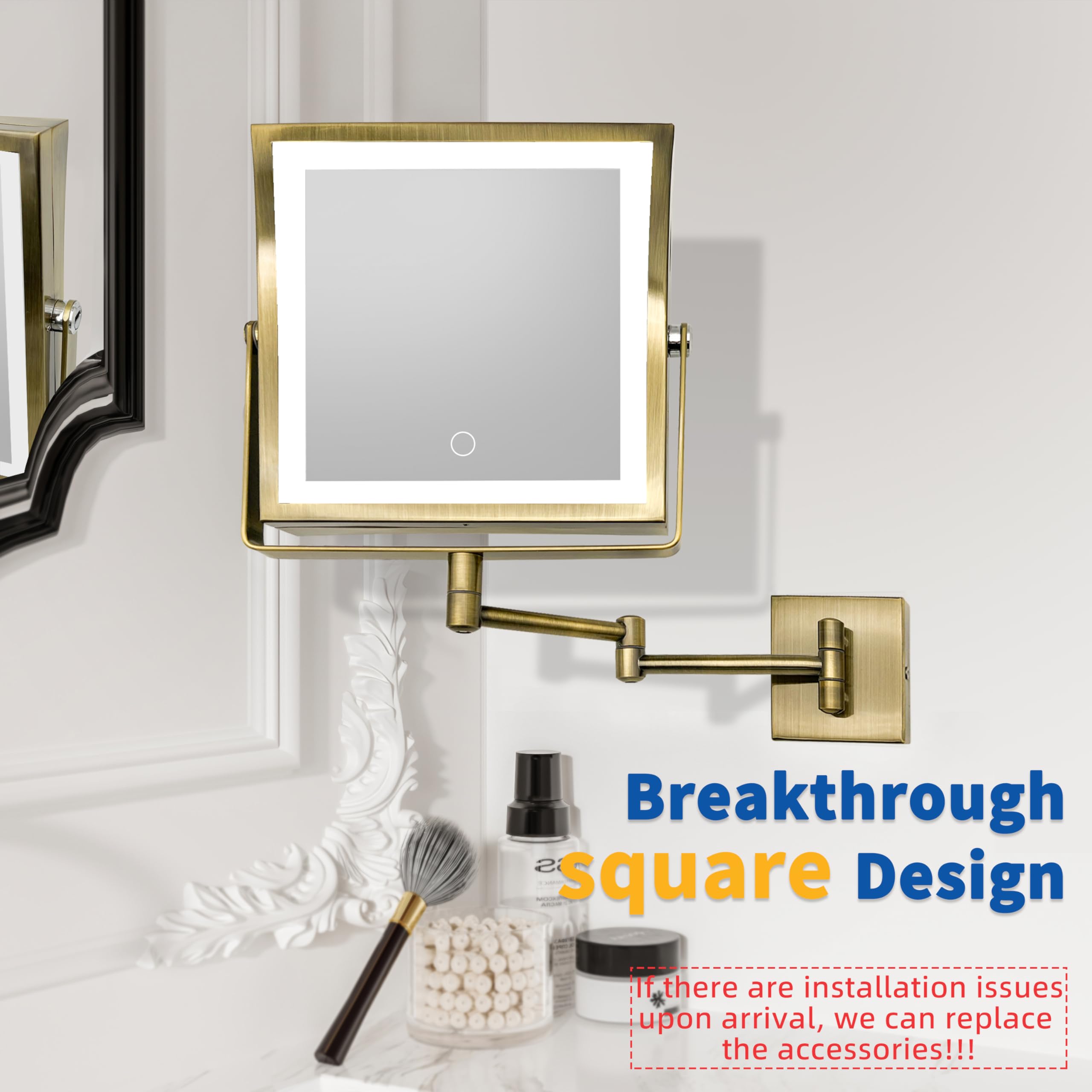 Ruacq Miroir de maquillage mural rechargeable avec lumières, miroir de courtoisie grossissant double face 1x/7x avec 3 lumières de couleur, écran tactile à intensité variable, rotation à 360° bras