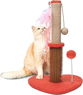 Zoozoo Cat Scratching Post Heart-Shaped Base Cat Tree for Indoor Cats with Natural Sisal Scratch Pole Hanging Sisal Ball Spring-Loaded Plush Toy Self Groomer Anti-Itch Brush Extendable Elastic Loop