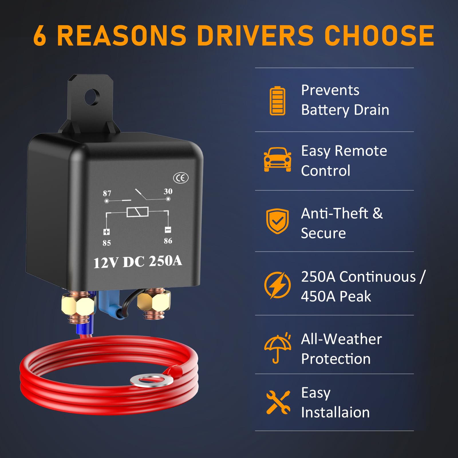 Side Post Remote Battery Disconnect Switch - 12V 250A Kill Switch with Remote Control. Anti-Theft Security & Prevents Battery Drain. Easy to Install for Car, Truck, RV, Boat, Vehicle & More. — view 2