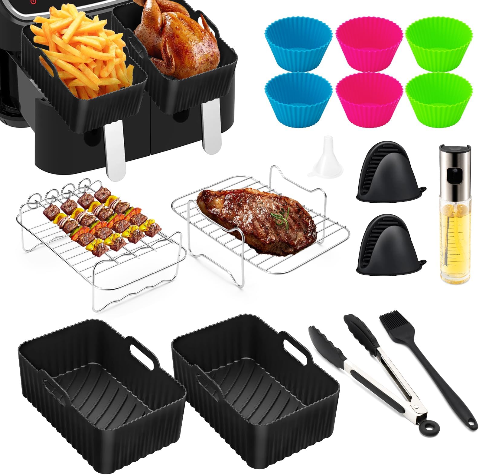 Heißluftfritteuse Zubehör Für Ninja AF500EU - 10.4L Silikonkörbe Set Mit Ofenhandschuhen | Doppelte Gar-Ebene