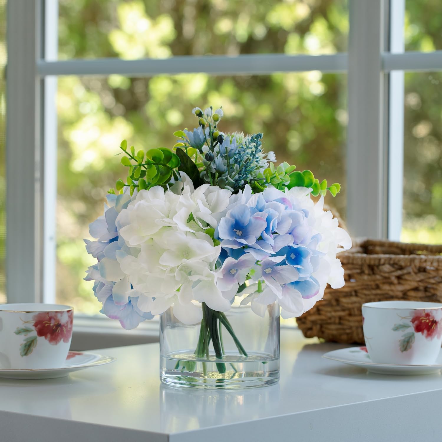 ENOVA FLORAL Artificial Hydrangea Flowers in Vase, Mixed White and Blue Silk Hydrangea in Vase with Faux Water for Dining Table Centerpieces, Home Decor Indoor (FL-159-BlueCream)
