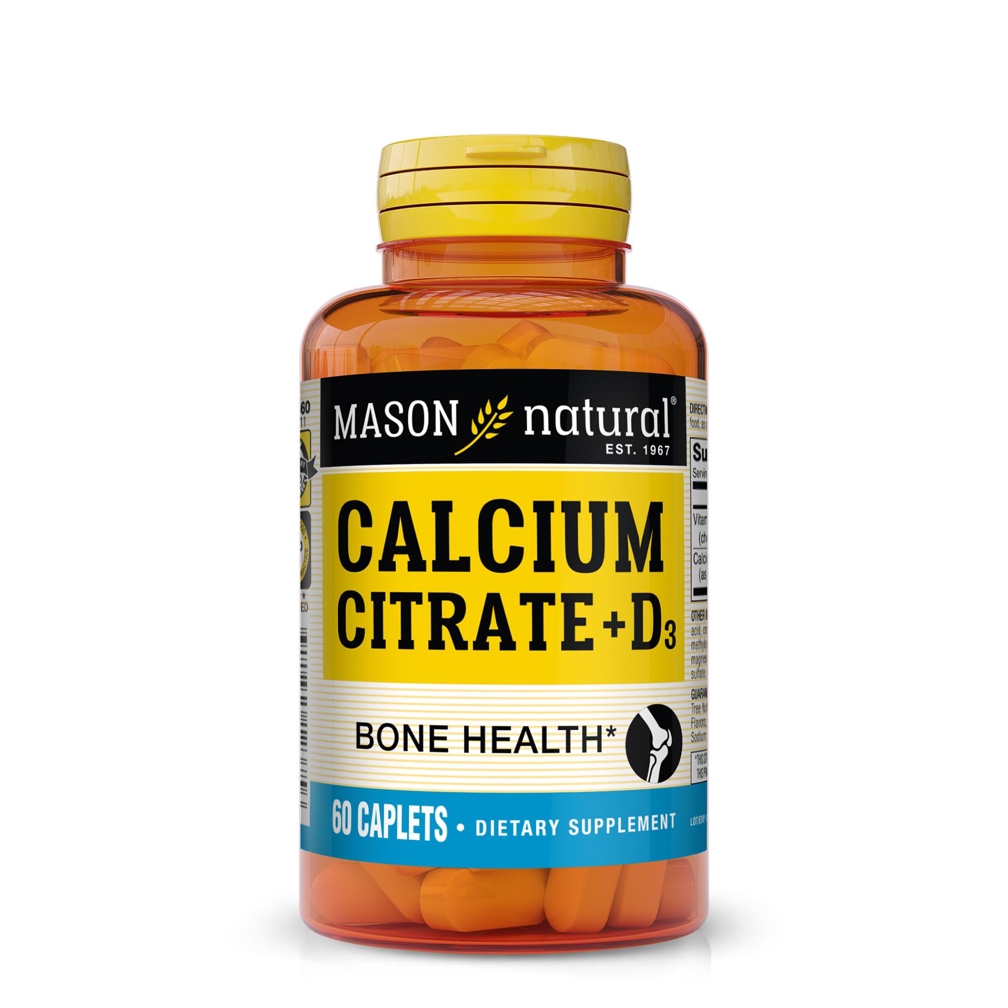 Mason Natural Calcium Citrate Plus Vitamin D3, 2 Month Supply, Strengthens Muscle Function & Bone Health, 60 Caplets