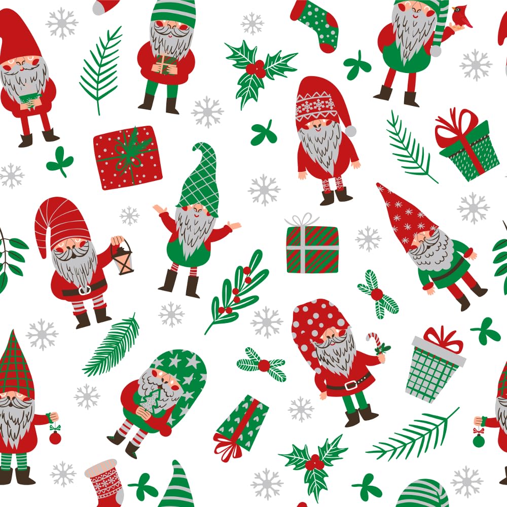 Oh Sew Crafty Limited White Polycotton Fabric Gifts & Gonks Gnome Presents Snow Christmas Festive (Sold Per Metre) (White)