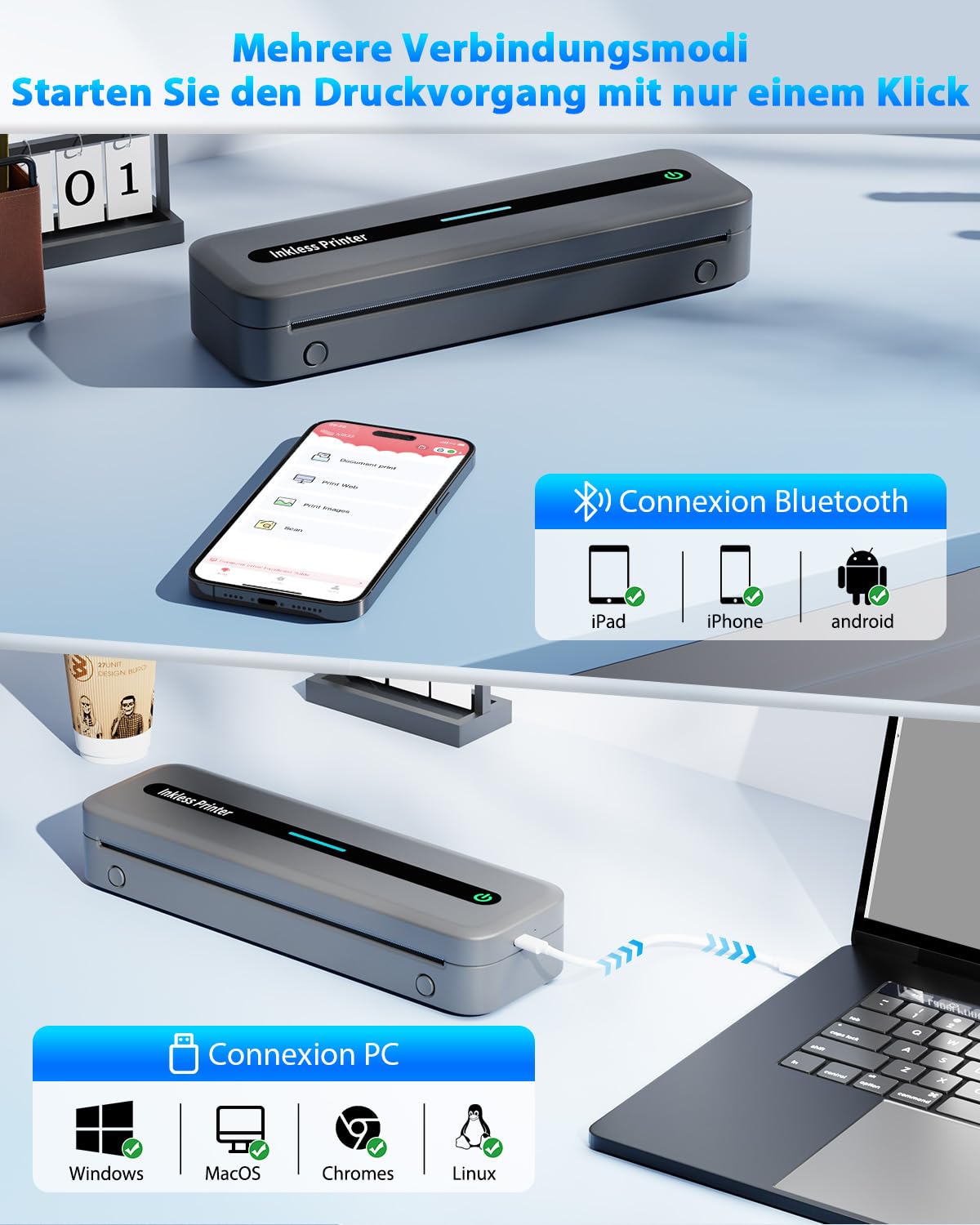 COLORWING Mobiler Drucker M832,Thermodrucker A4,Bluetooth Drucker Klein Kompakt für iPhone und Android,Wird mit Einer Rolle A4-Thermopapier Geliefert,Portbale Printers Wireless for Travel-Grau