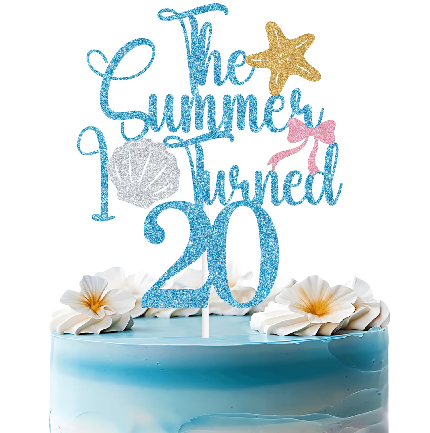 Baby Blue Glitter the Summer I Turned 20 Cake Topper, Hawaiian Summer Tropical Birthday Decor, Shell Starfish Themed 20th Birthday Party Decorations Supplies