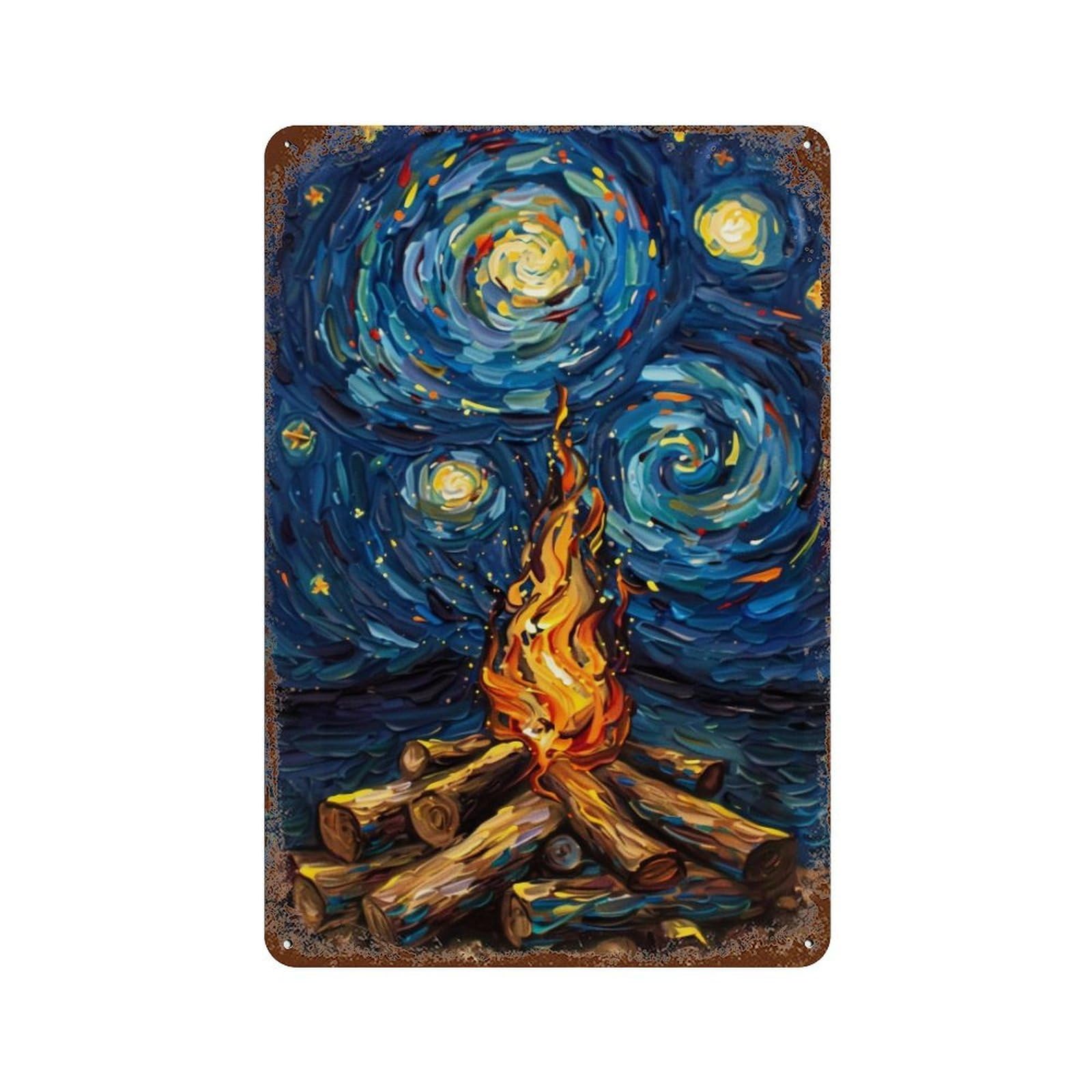 WUJHGRSG Post Impressionist Twirl Indigo Night Flaming Bonfire 01 Wall Art Retro Iron Vintage Metal Tin Sign Poster Modern Decor for Home Cofffee Club Bar Shop Style 30x20cm