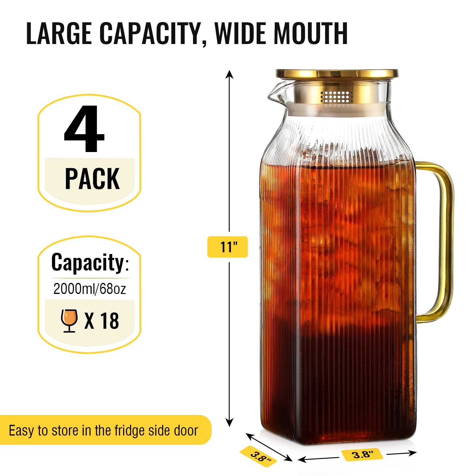 Confezione da 4 brocche quadrate in vetro da 2 litri con coperchio, classiche a righe con manico per frigorifero, brocca grande per tè freddo, caffè, caraffa in vetro borosilicato per bevande calde