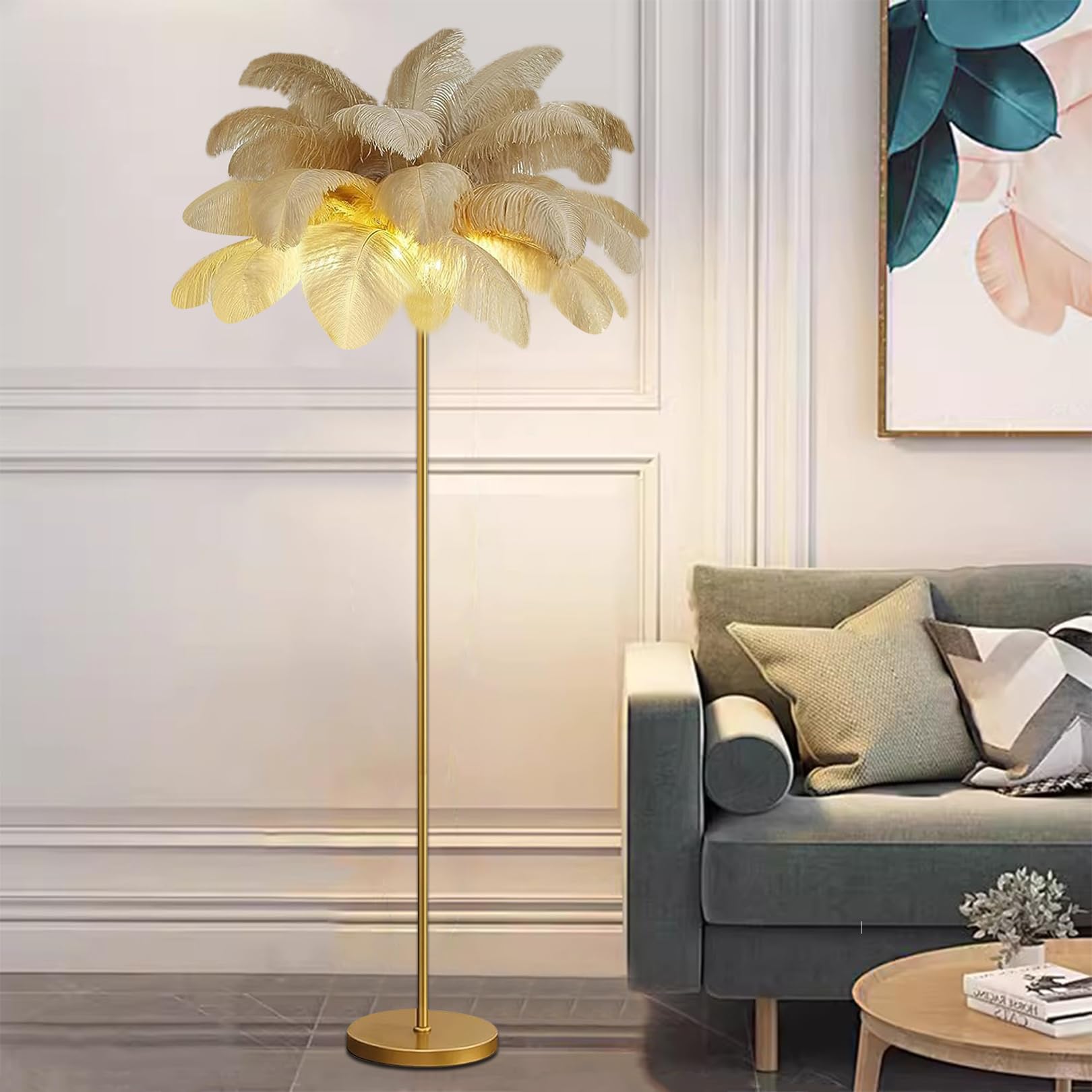 Lámpara de Pie con pantalla de pluma khaki para lectura y decoración 8
