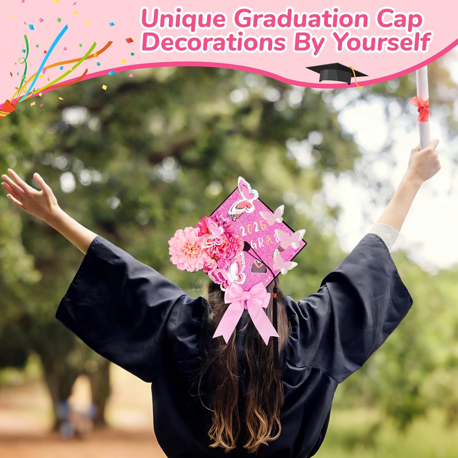 ZeffuLyne Pink Graduation Cap Decorations - 56 Pcs DIY Graduation Cap Topper with Flowers, 3D Butterflies, Letter Stickers, Rhinestones, Glitter Paper, Glue & Tools for Grad Hat Decor