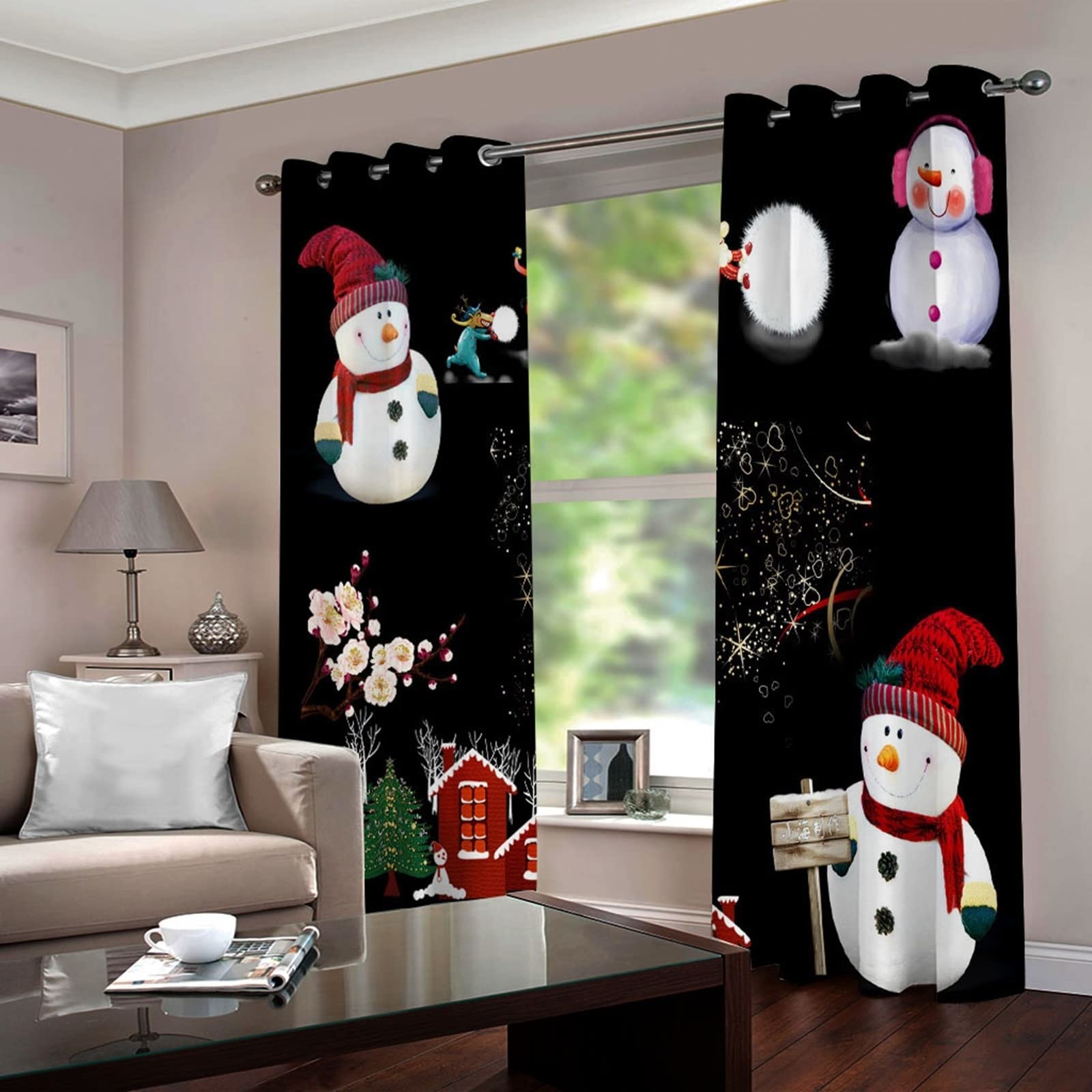 Tenda Occhielli Babbo Natale Pupazzo di Neve Fiori E Casa, Tende X Camera per Cameretta Bambini, 274x244CM