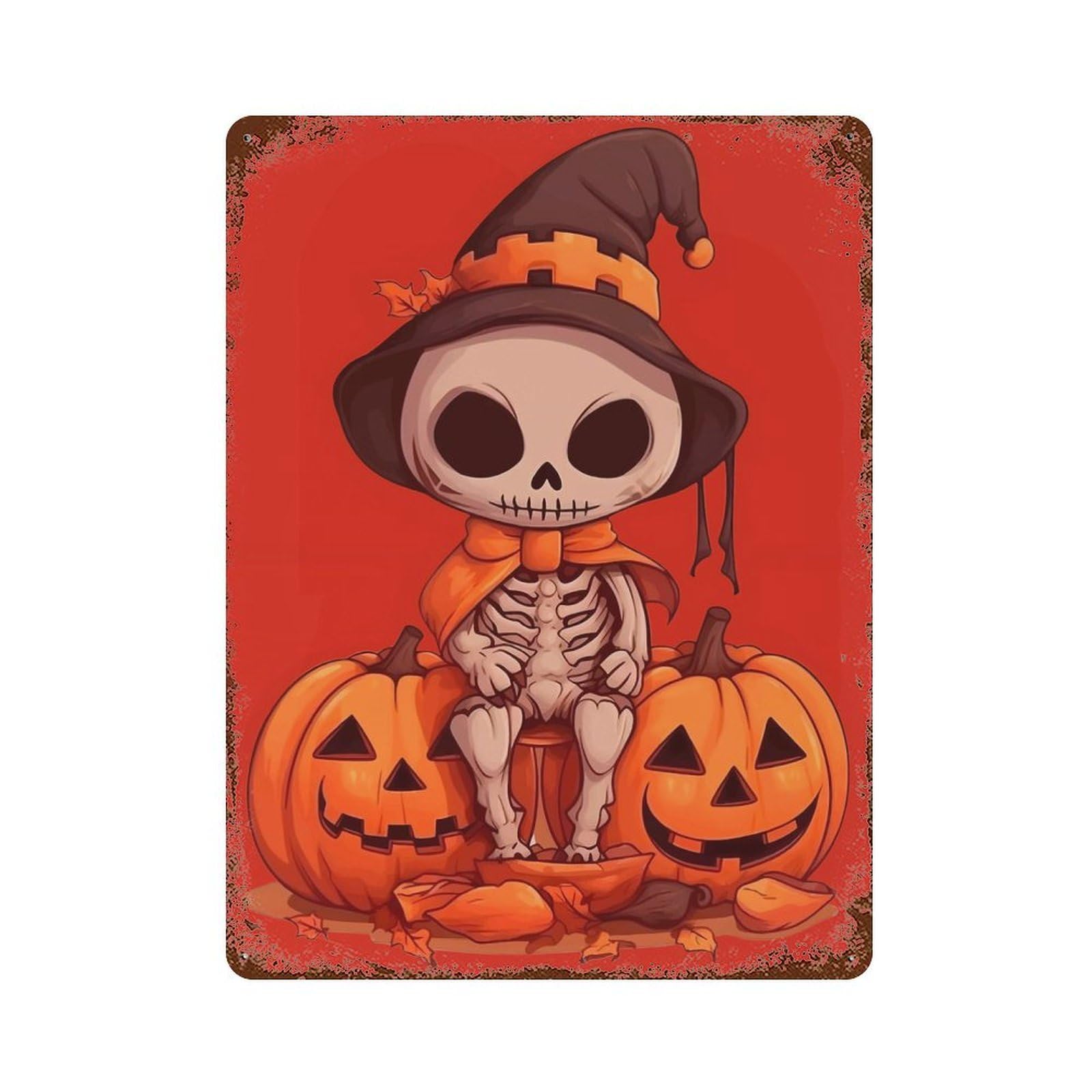 Rust Effect Skeleton Witch on Pumpkins Rusty Metal Tin Sign 15.7"x11.8", Old School Wall Decor for Basement, Hobby Room And Garage Decor
