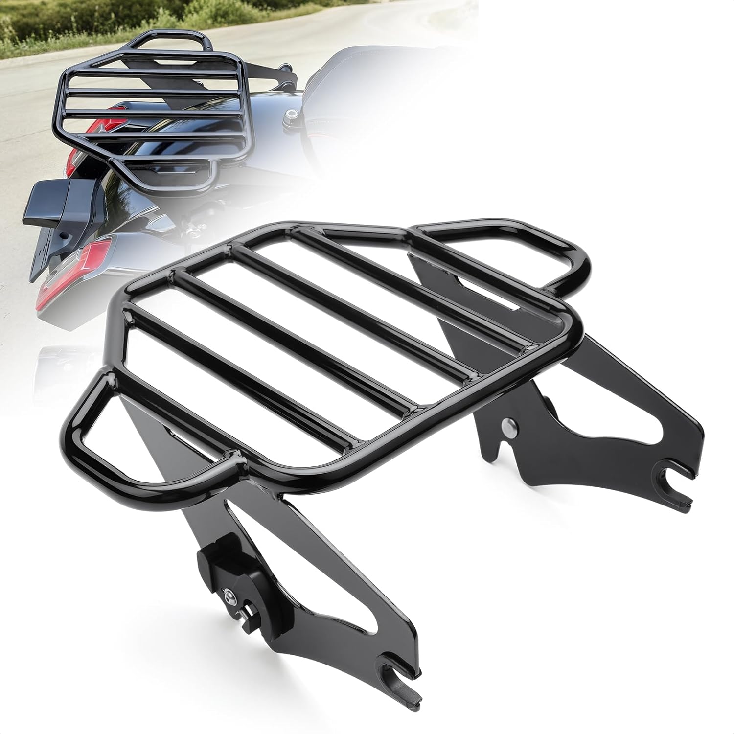LKV Two Up Luggage Rack for Harley Touring 2009-2025, Detachable 4-Point Docking Rear Cargo Rack for Street Glide Road Glide Road King Electra Glide, Heavy Duty Steel Motorcycle Rack (Black)