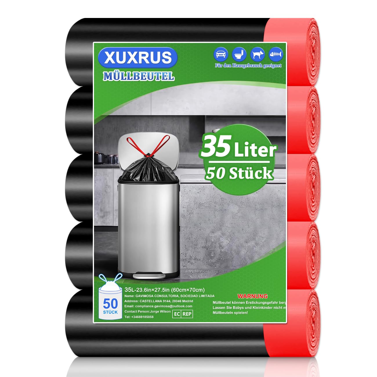 XUXRUS Bolsas de Basura 35L con Cierre de Cordón, Negras 60x70cm, 50 Uds, Resistentes, Antifugas y Reforzadas, para Cocina, Baño y Oficina
