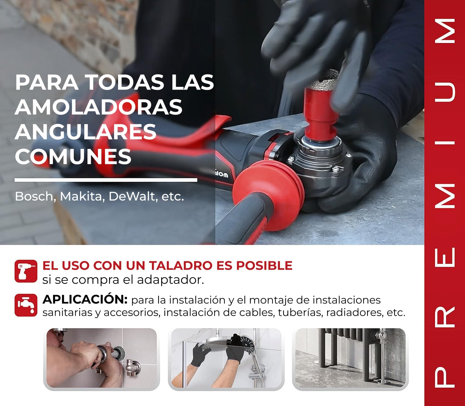 STREND PRO Set de Coronas Diamantadas para Azulejos, Vidrio y Gres | 20-35-45-55-68 mm | Rosca M14 para Amoladora Angular | Maletín de Aluminio | Cerámica, Granito y Piedra | Corte Rápido