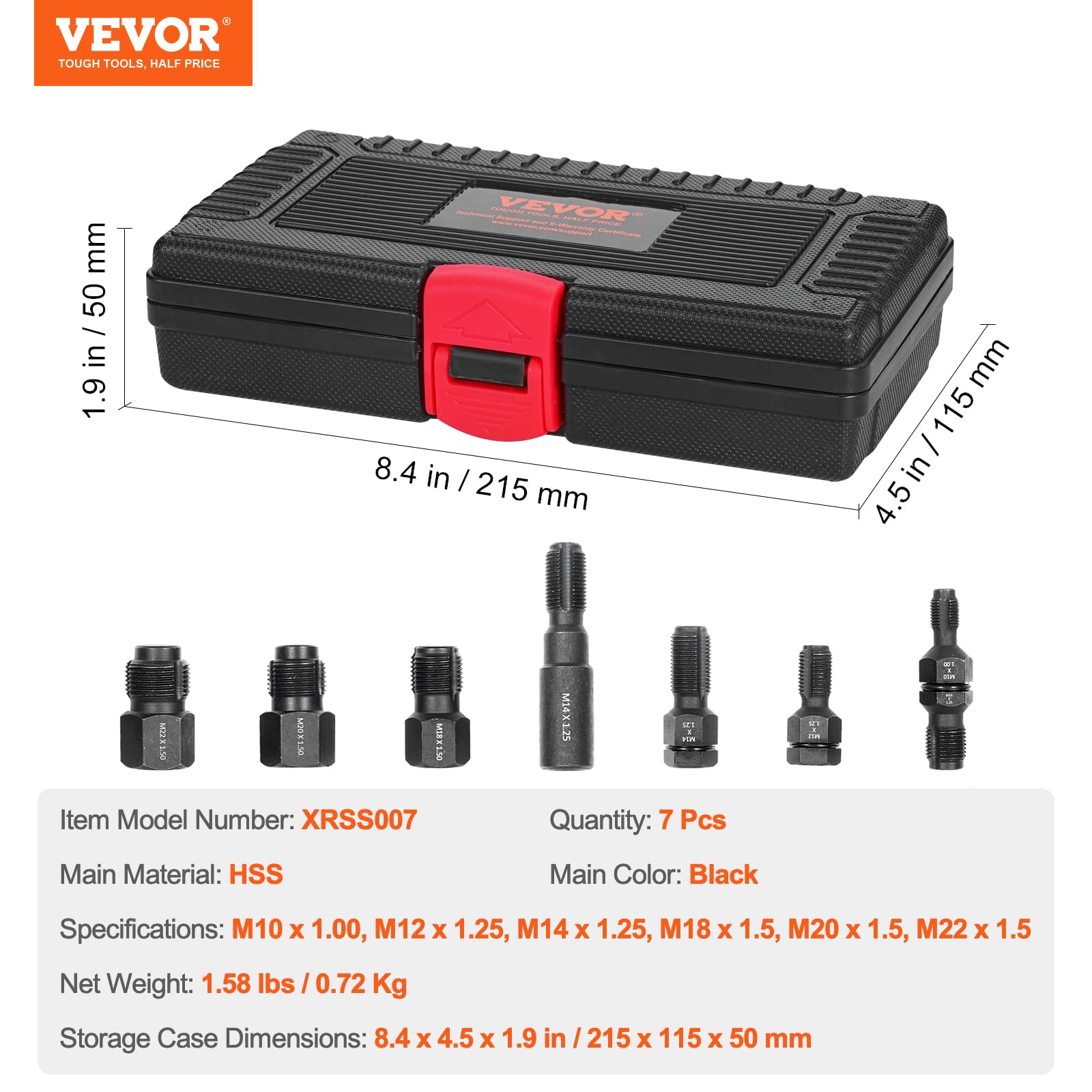 VEVOR Frese per Filettatura Metrica, Set di 7, Set di Frese per Filettatura Metrica M10 M12 M14 M18 M20 M22 Realizzato in Acciaio al Carbonio Trattato Termicamente per Riparazione della Filettatura