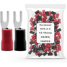 100Pcs 12-10 AWG #8 Brass Insulated Fork Spade Wire Connector Red and Black U-Type Electrical Crimp Spade Terminals Brass50Pcs Red+50Pcs Black, 12-10 AWG #8