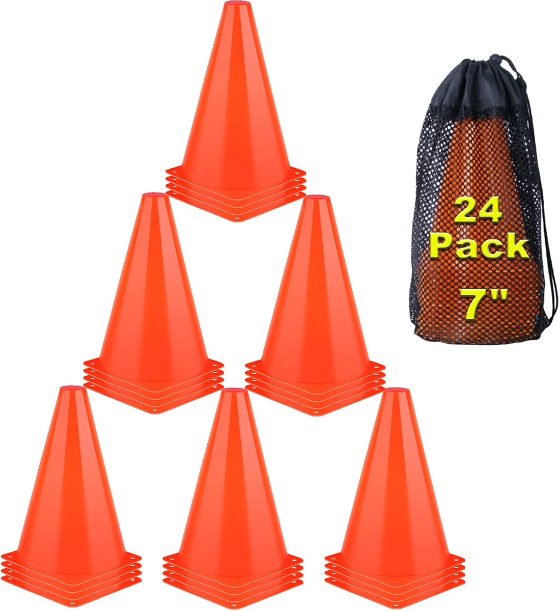Conos deportivos de 7 pulgadas, paquete de 24 conos de fútbol naranja Marcador de campo de agilidad Conos de entrenamiento de tráfico de plástico para práctica de ejercicios de patinaje de fútbol de baloncesto - Carrera de obstáculos para eventos festivos en interiores y exteriores