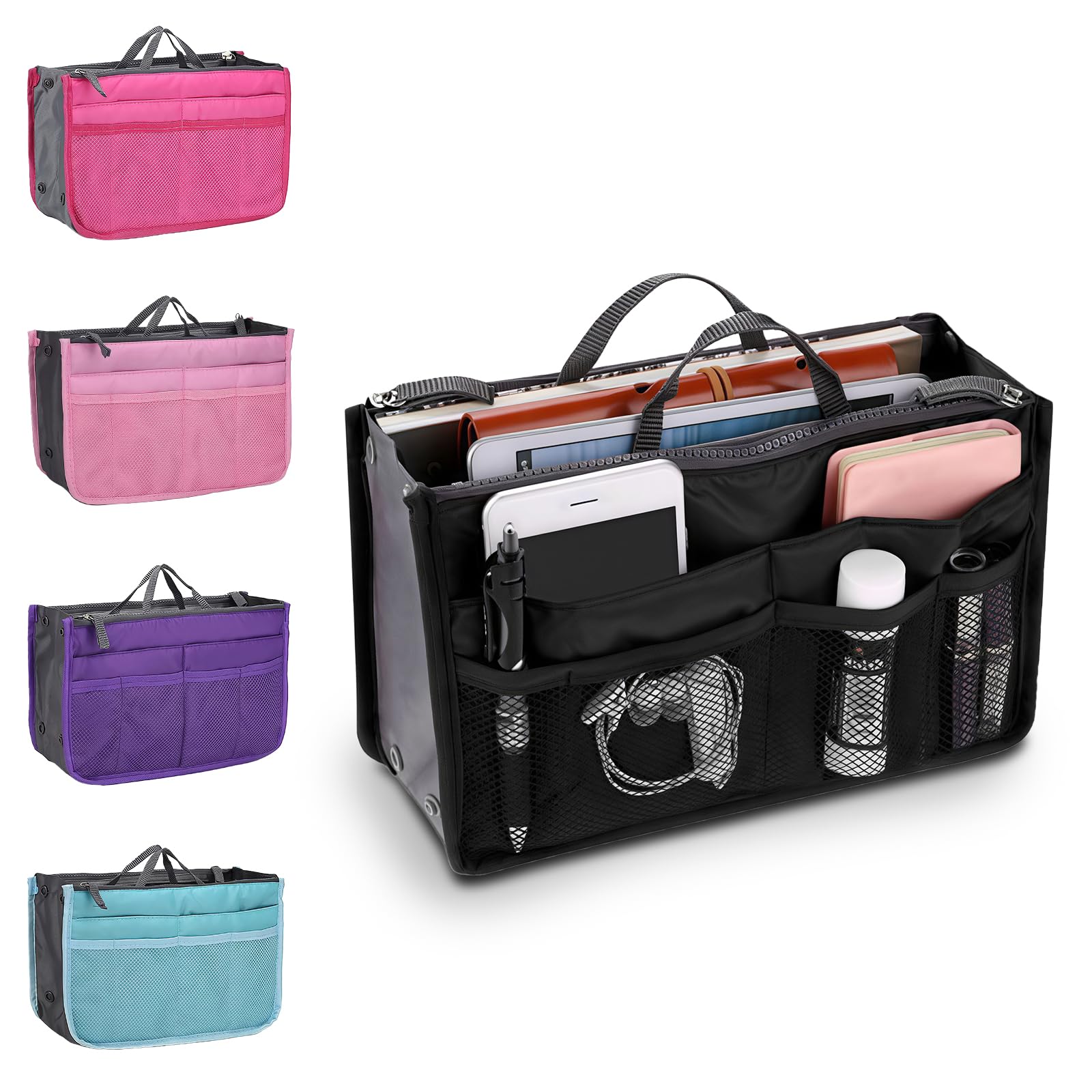 NBOUOU Handbag Organiser Insert, Multi-function Expandable Liner Bag, 13 Pockets Travel Handbag Purse Organiser, Zipper Bag Organiser Tote Bags with Lifting Handle and Multi Pockets for Women (Black)
