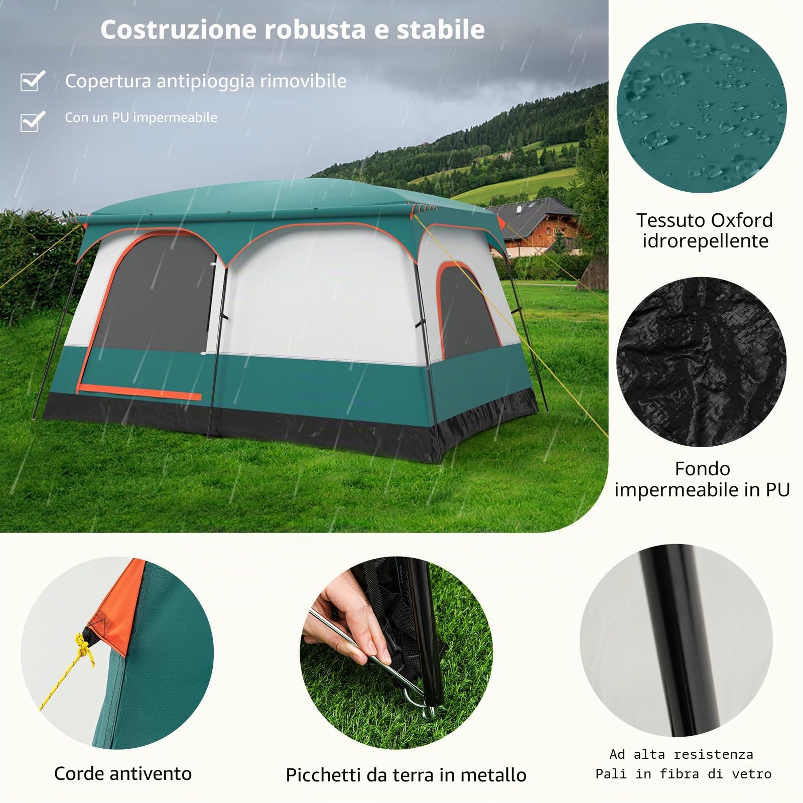 FANTASK Tenda grande con tenda e pavimento, tenda da campeggio per 4-6 persone, 2 stanze e 2 ingressi, tenda a tunnel con tetto rimovibile e borsa per il trasporto, verde