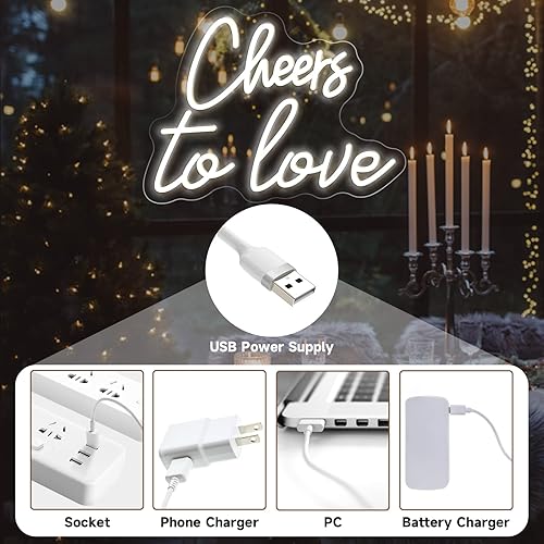 Miniatura 4 de Letrero LED de neón con texto en inglés Cheers to Love para decoración de pared, con suministro USB, para dormitorio, cumpleaños, boda, 15.7 x 11.8