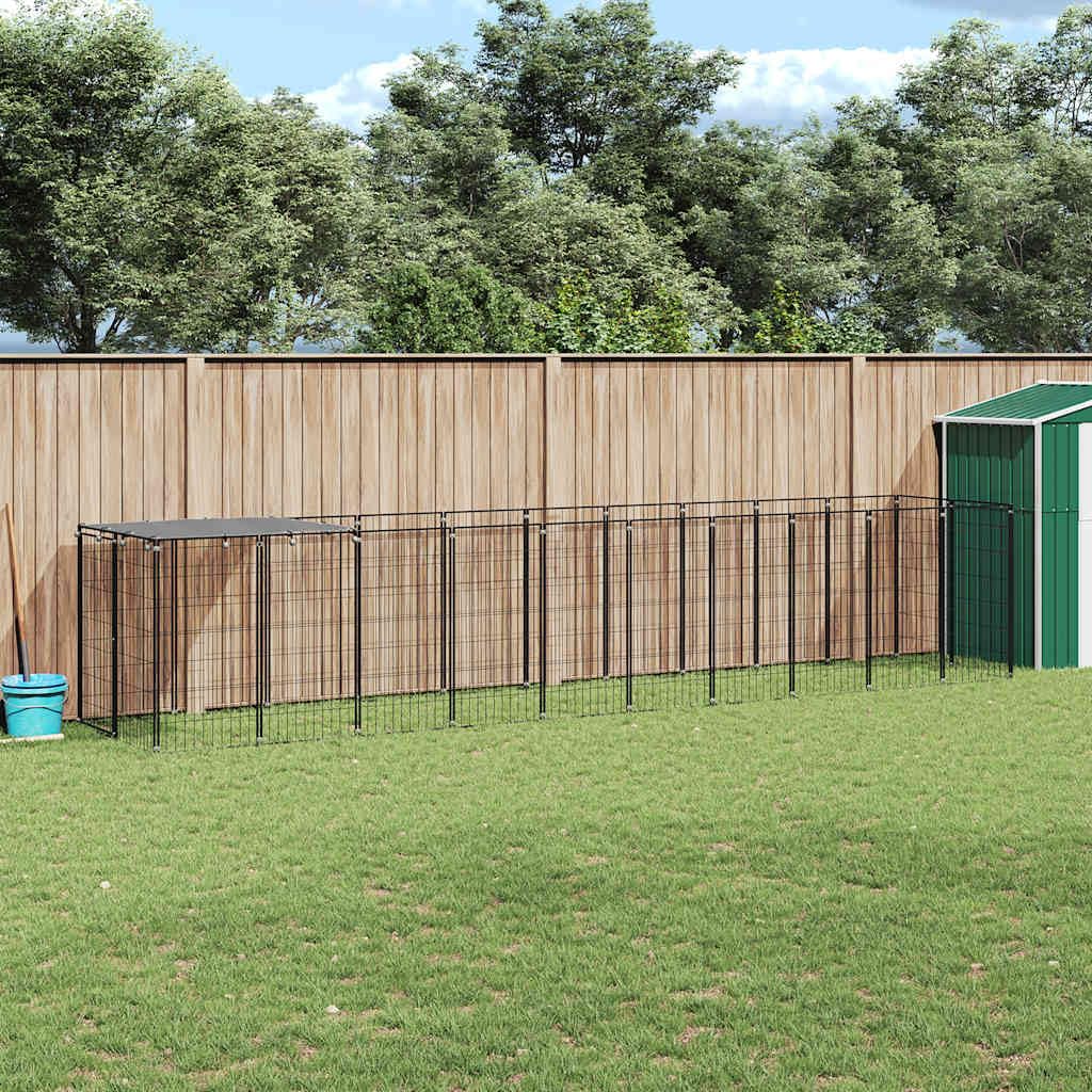 Hundezwinger Schwarz 6,05 m² Stahl Freilaufgehege mit wasserbeständigem PE Dach, abschließbarer Tür, großer Hundeauslauf für Garten Terrasse Hof