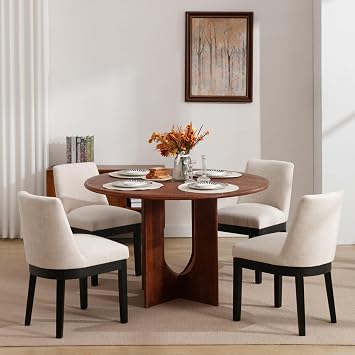 BESTANO Modern Dining Chairs with Black Wood Legs Set of 4, Linen Fabric Upholstered Dining Room Chairs Kitchen Side Chairs with Back, Beige
