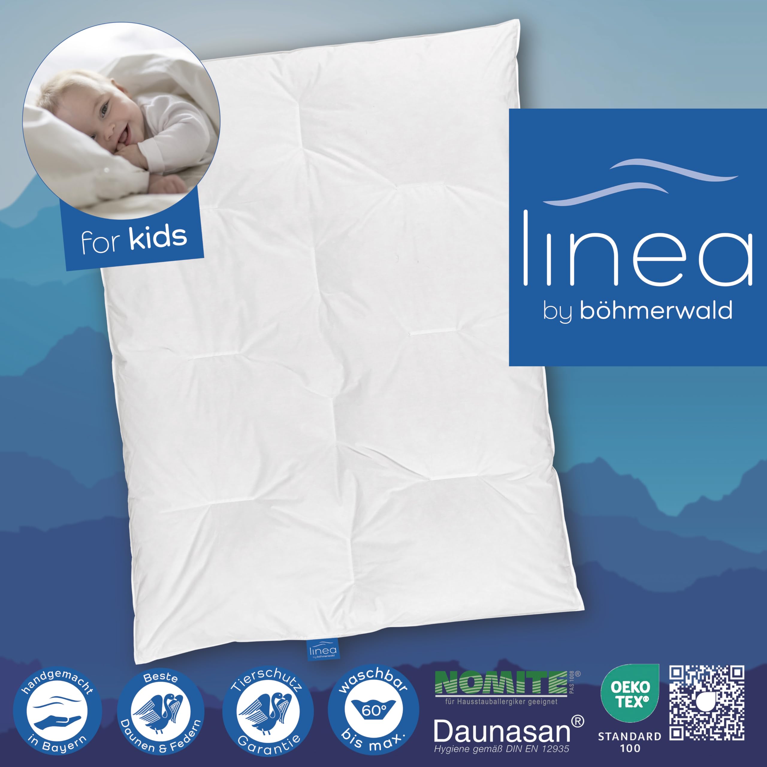 LINEA by böhmerwald - kids - Daunendecke warm, 100x135, 90% Daunen / 10% Federn, Allergiker geeignet, waschbar bis 60°C, in Deutschland produziert