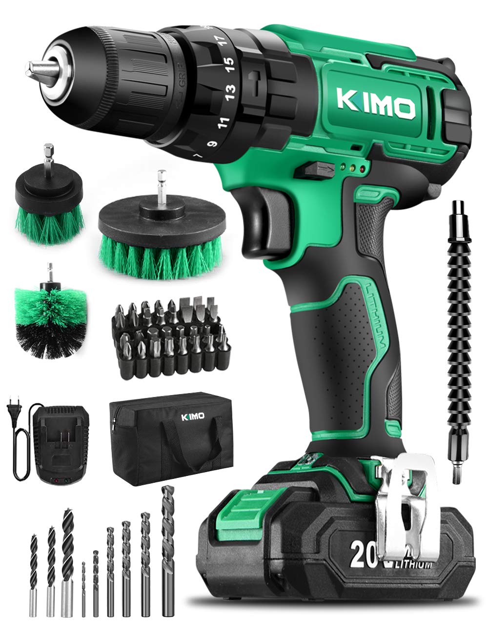 KIMO Cordless Drill Driver Kit, 20V Impact Drill Set w/Lithium-ion Battery/Charger & Cleaning Brush, 350 In-lb Torque, 3/8" Keyless Chuck, 21+1+1 Clutch, Variable Speed & LED for Metal Concrete Wood
