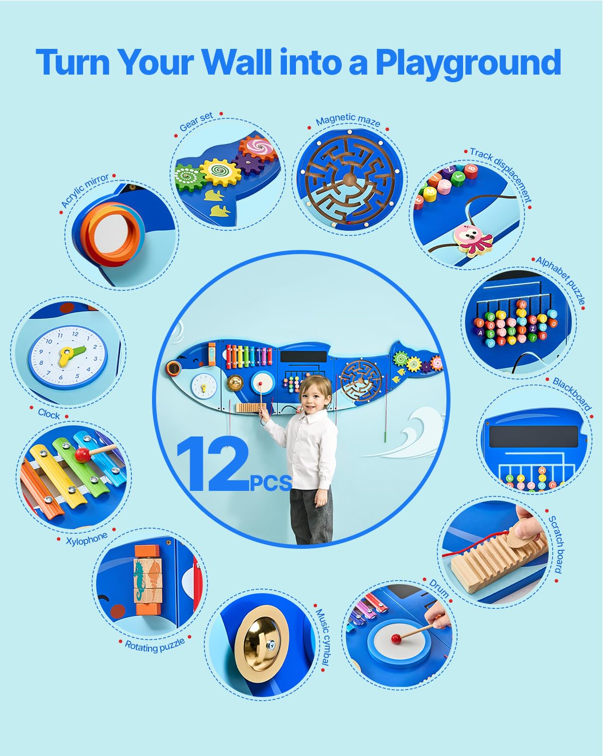 VEVOR Panneaux Muraux d'Activités Orque, 12 Jeux, Jouet Mural Sensoriel Montessori pour Enfants 3-12 Ans, Centre d'Activités d'apprentissage, Salle de Jeux des Tout-Petits, Crèche, Salle de Classe