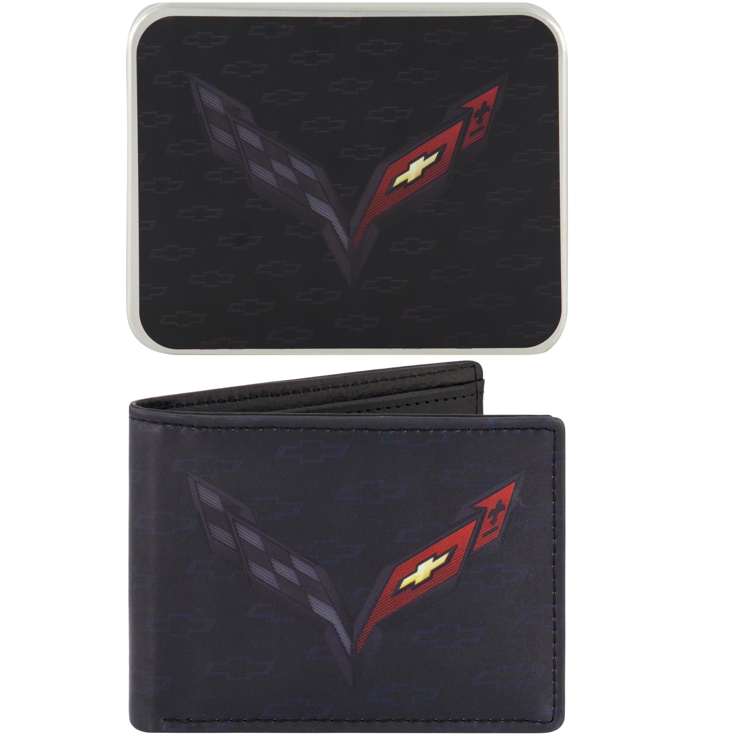 Concept One GM Chevrolet Wallet, Slim Bifold Wallet with Decorative Tin Case for Men and Women, Multicolor, Multi, One Size, Gm Chevrolet Wallet, Slim Bifold Wallet With Decorative Tin Case for Men