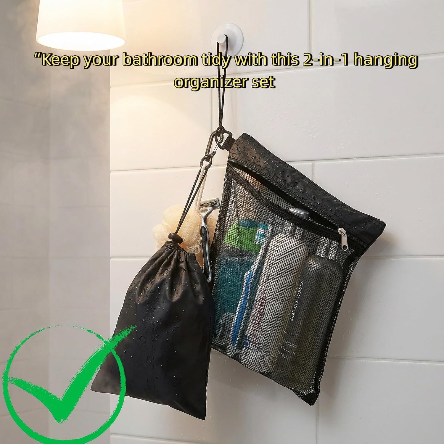 Black Shower Bag Tote, Mesh Toiletry Organizer 12”L x 9”W, Compact, Lightweight and Foldable With Suction Cup, Zipper and Drawstring Pouch 14”L x 10”W for Gym, Travel, Camping