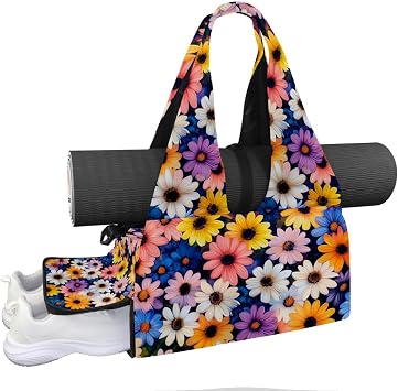 Yoga Mat Bag, Gym Workout Bag with Shoe Compartment, Rainbow Daisy Pilates Bag for Women, Quick Access Storage Yoga Tote Bag for Sports Travel Office