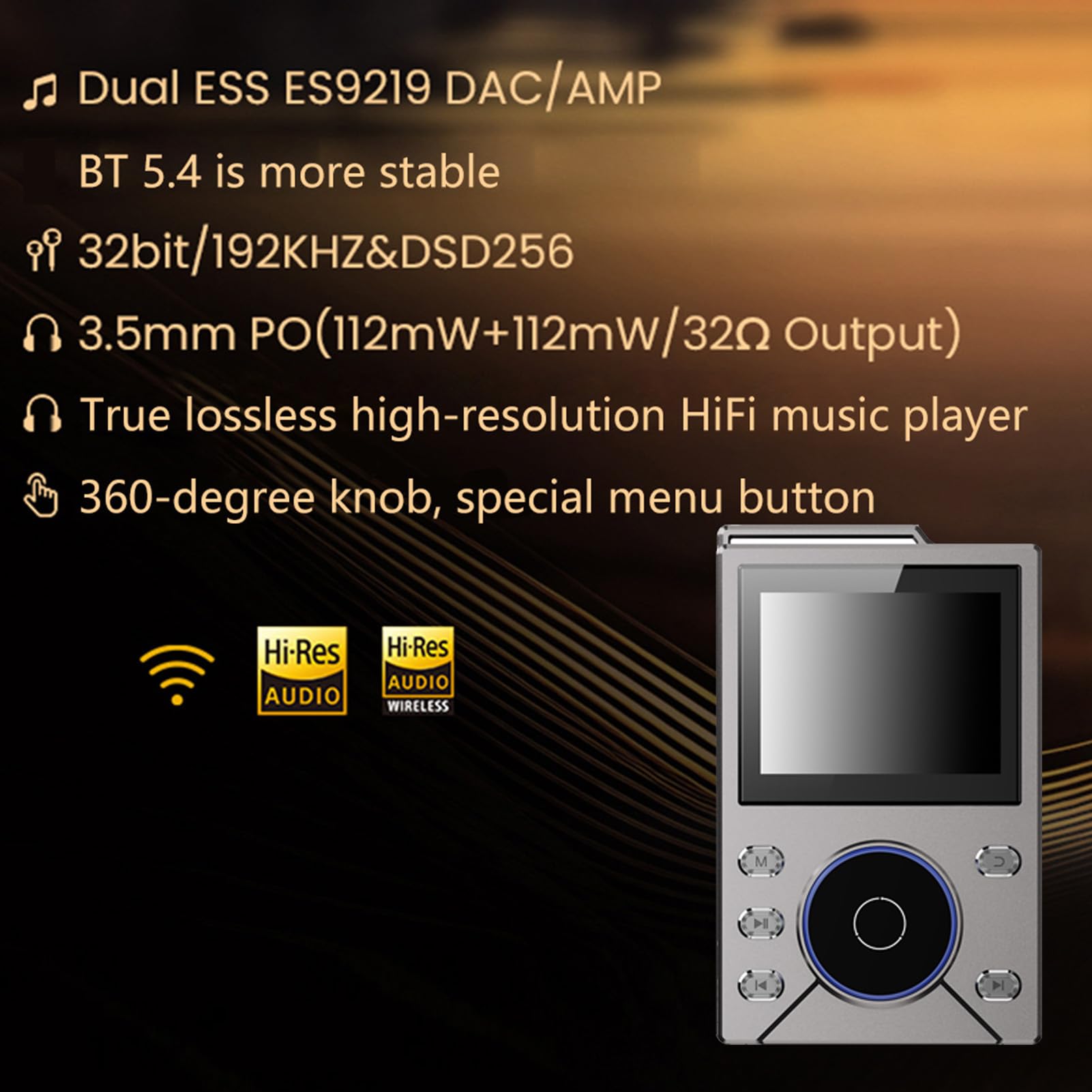 Tragbarer Audio-Player mit 2,4-Zoll-TFT-Display und ALPS-Rad, Verlustfreier HiFi-Musik-Player, Digitaler Sound- für Car Home Outdoor (metallisches Grau)