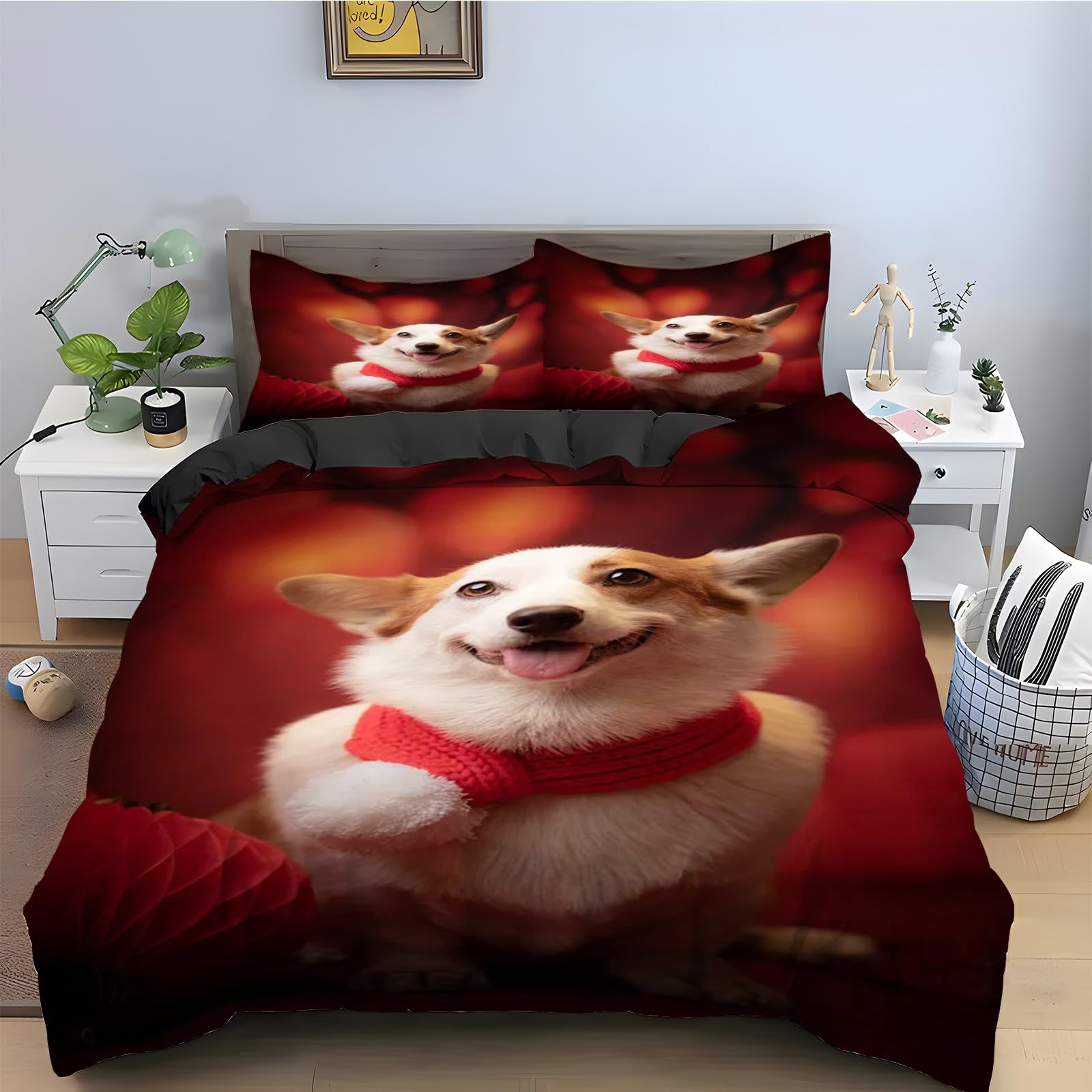 Housse de couette 160x200 corgi parure lit animal 3 pièces idée cadeau pour amoureux des chiens