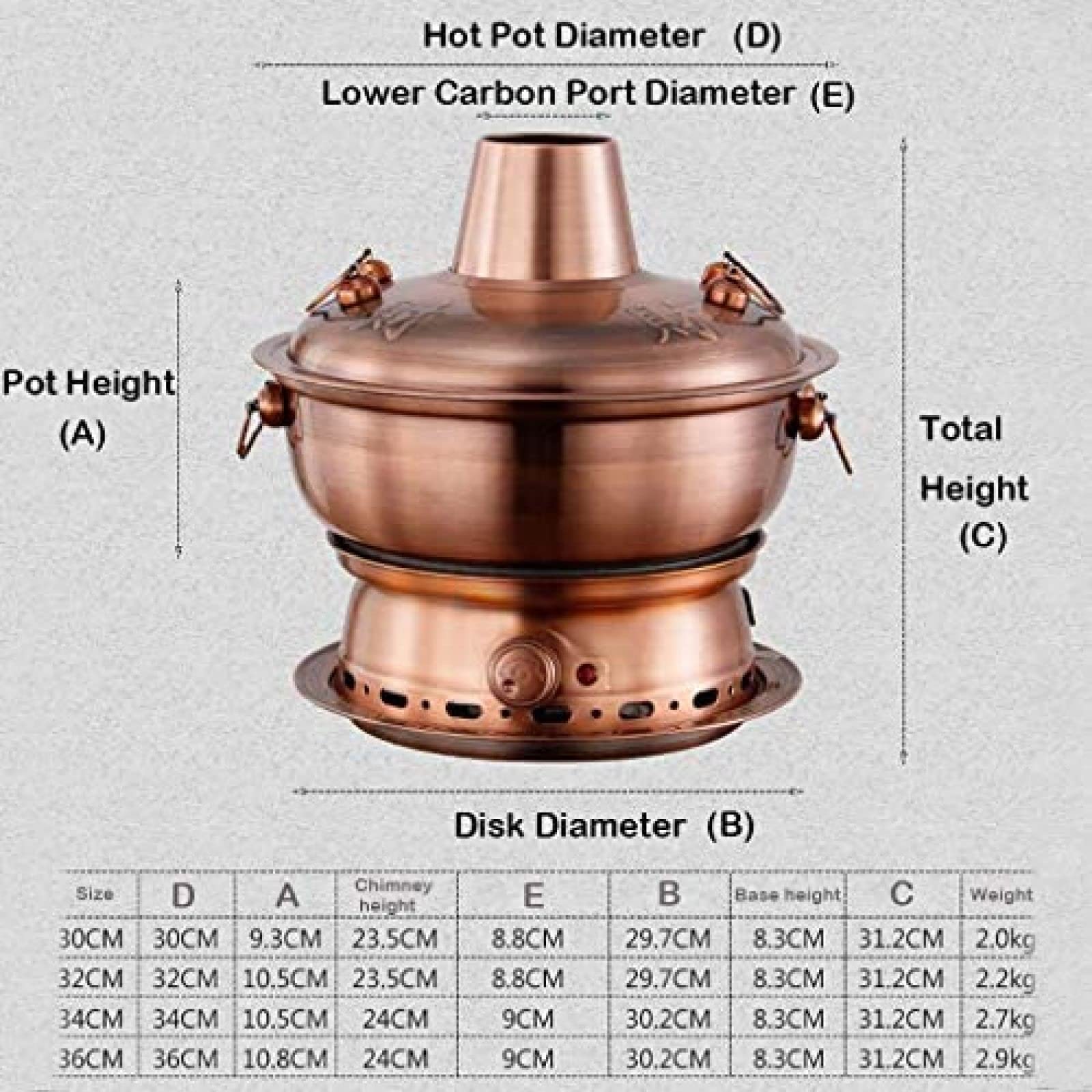 1800W 2 En 1 Olla Caliente Eléctrica Old Beijing Olla Caliente China Cobre Acero Inoxidable Caldera De Sopa Calentada Con Carbón Tradicional Herramientas De Cocina Utensilios De Cocina, 30-36cm,Pl