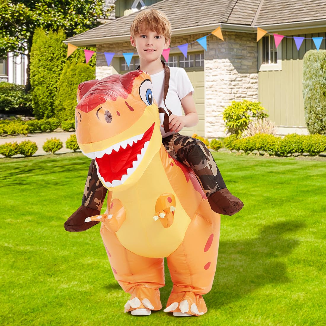 COMIN Inflatable Dinosaur Costume Kids, T Rex Dinosaur Blow Up Ride on Dino Costume Orange Funny for Halloween Party 4-6Y