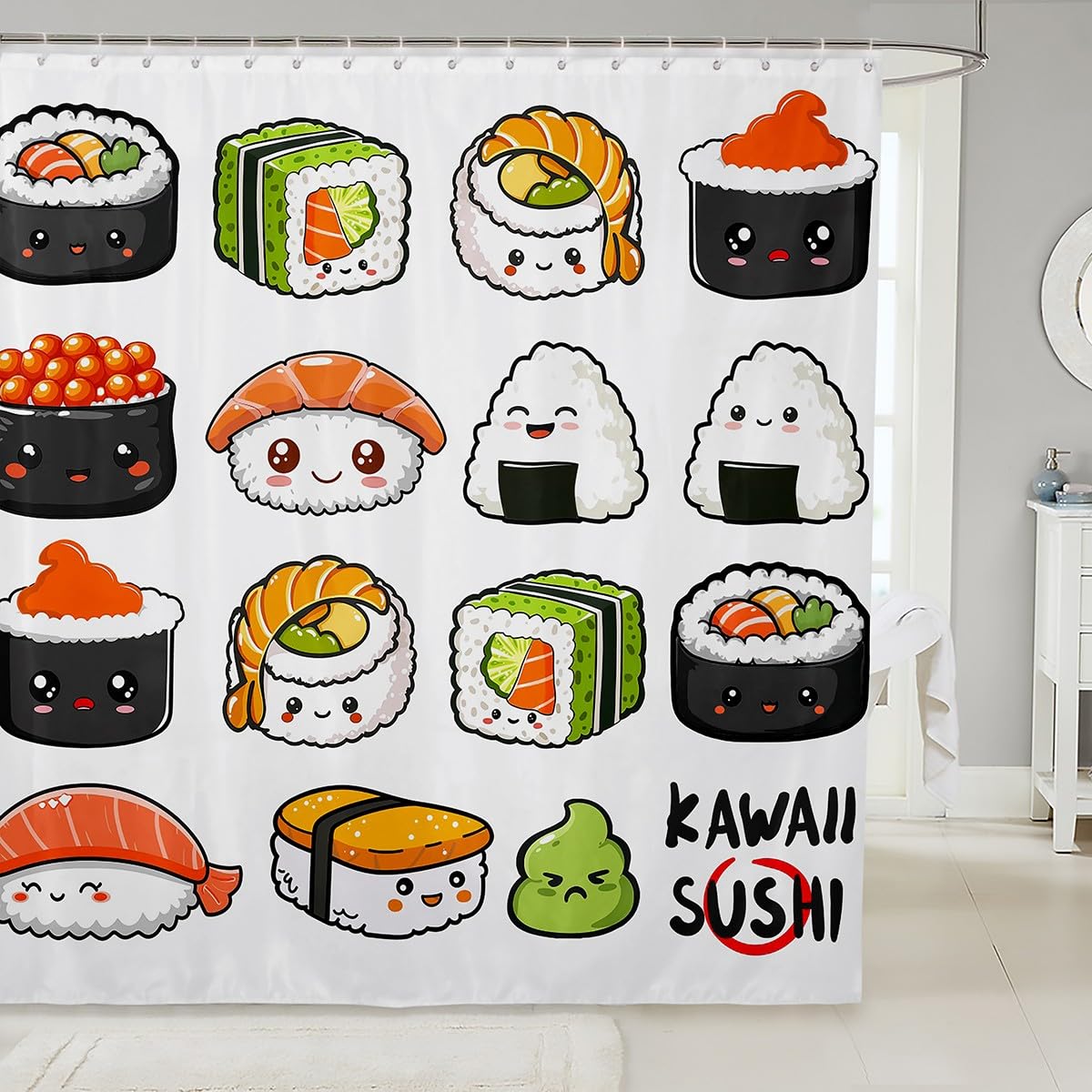 Erosebridal Sushi Pattern Shower Curtain, Japanese Style Bath Curtain, Food Theme Waterproof Shower Curtain for Kids Boys Girls, Cute Cartoon Japanese Sushi Bathroom Set with Hooks 72" W x 84" L