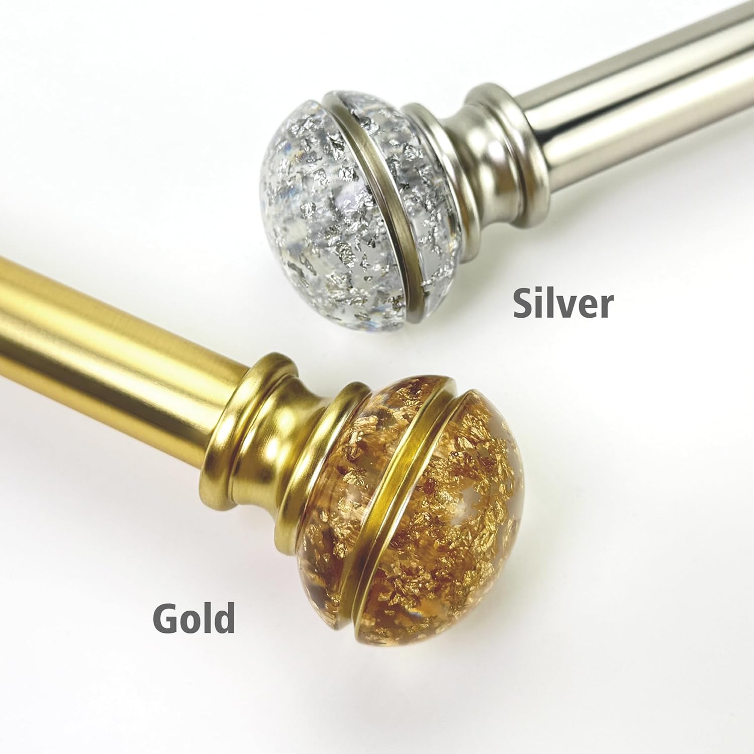 Adjustable 36-72 Inch Silver Curtain Rods, 1 Inch Diameter with Translucent Finials, Fits 24-68 Inches Small to Medium Windows, Heavy Duty Decorative Window Drapery Rod