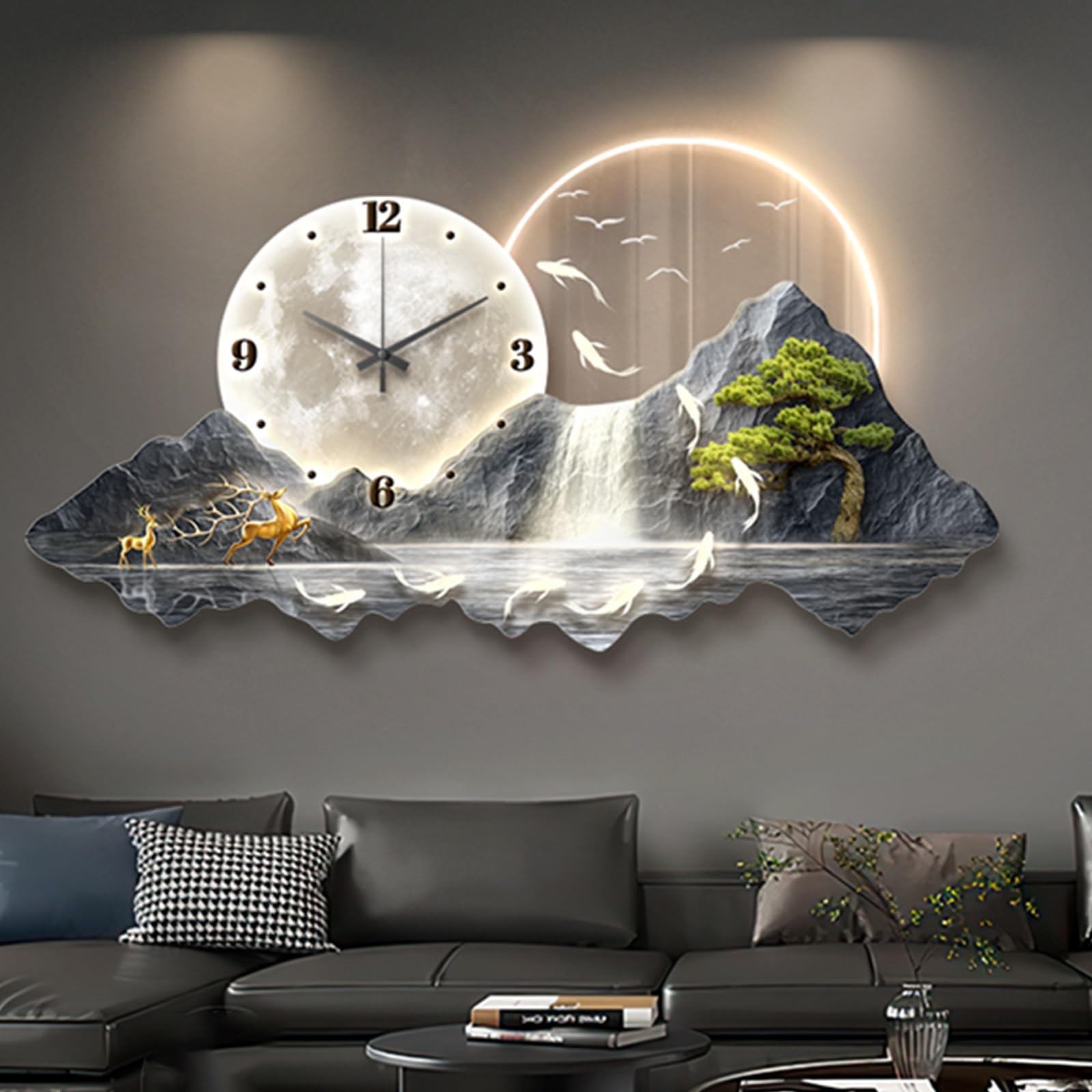 MESCXTY 3D Wall Art Decor Clock for Living Room Large Sculptures with LED Light,Creative Silent Clocks,for Office, Home, Bathroom(Blue A,39.3 * 19.7in)