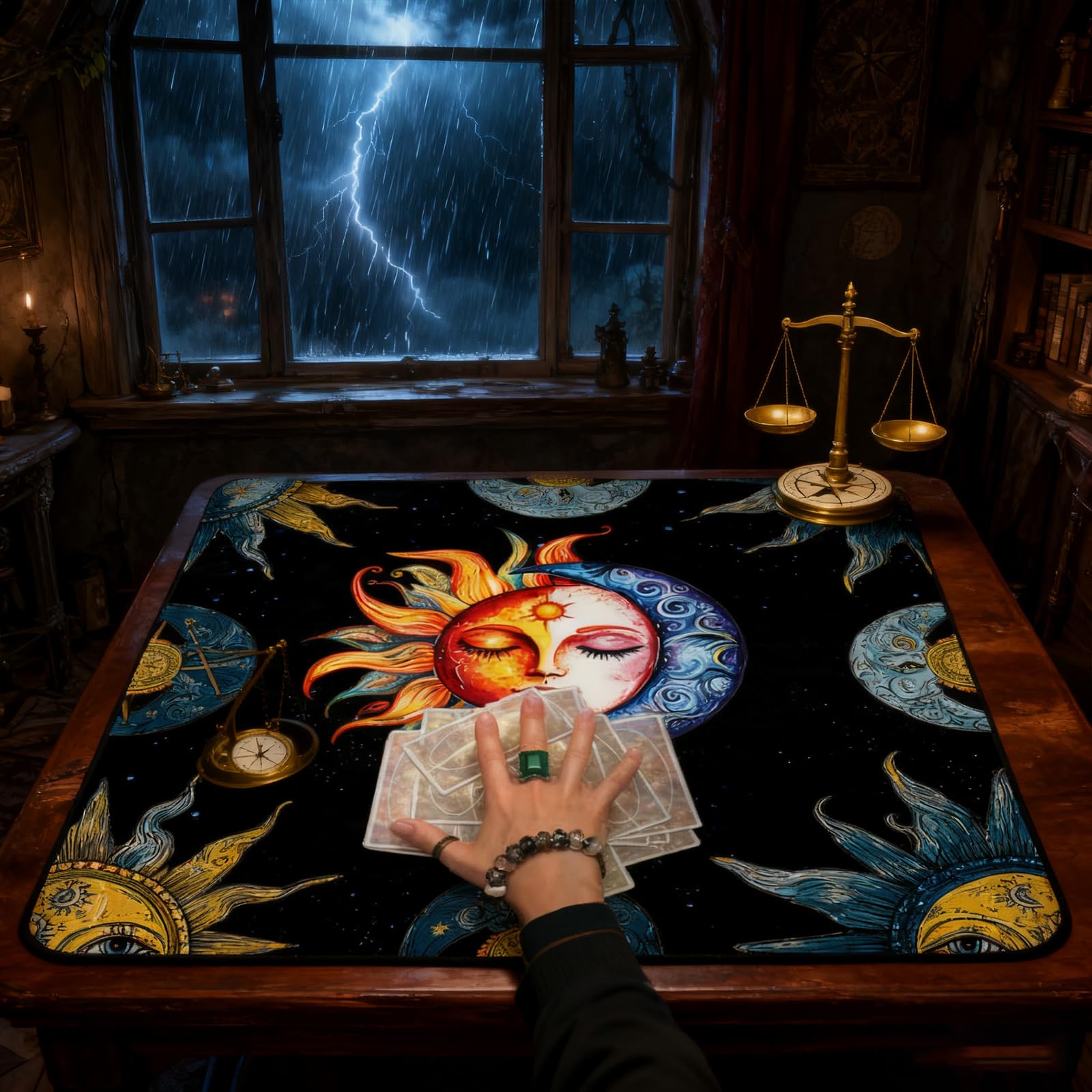 Mantello per Carte dei Tarocchi Nero con Simboli della Luna e del Sole, Tappetino da Lettura per Divinazione, Perfetto per Principianti e Esperti, Facile da Piegare e Trasportare