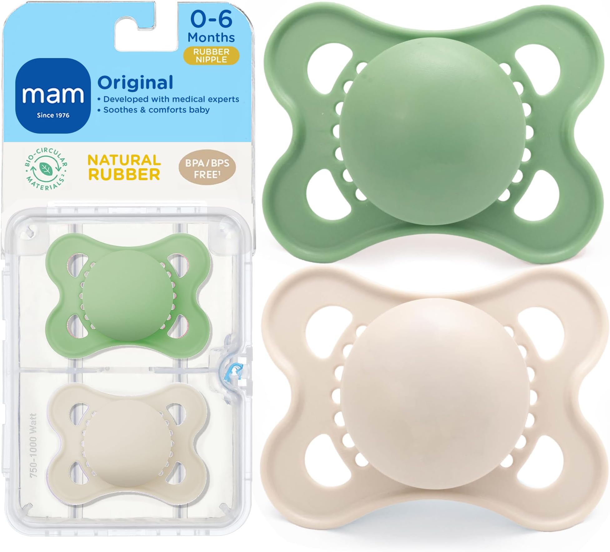 Original Latex Pacifiers, Binky Pacifier for 0-6 Months, Natural Rubber Nipple, Made from Bio-Circular Materials, Easy to Clean, with Sterilizer Case, 2 Count Binkies